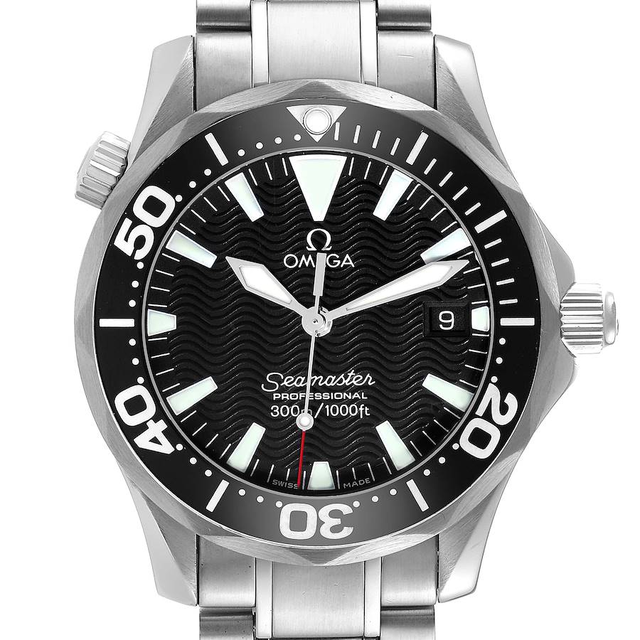 The image shows a front view of the Omega Seamaster watch, highlighting its dial, bezel, and stainless steel bracelet.