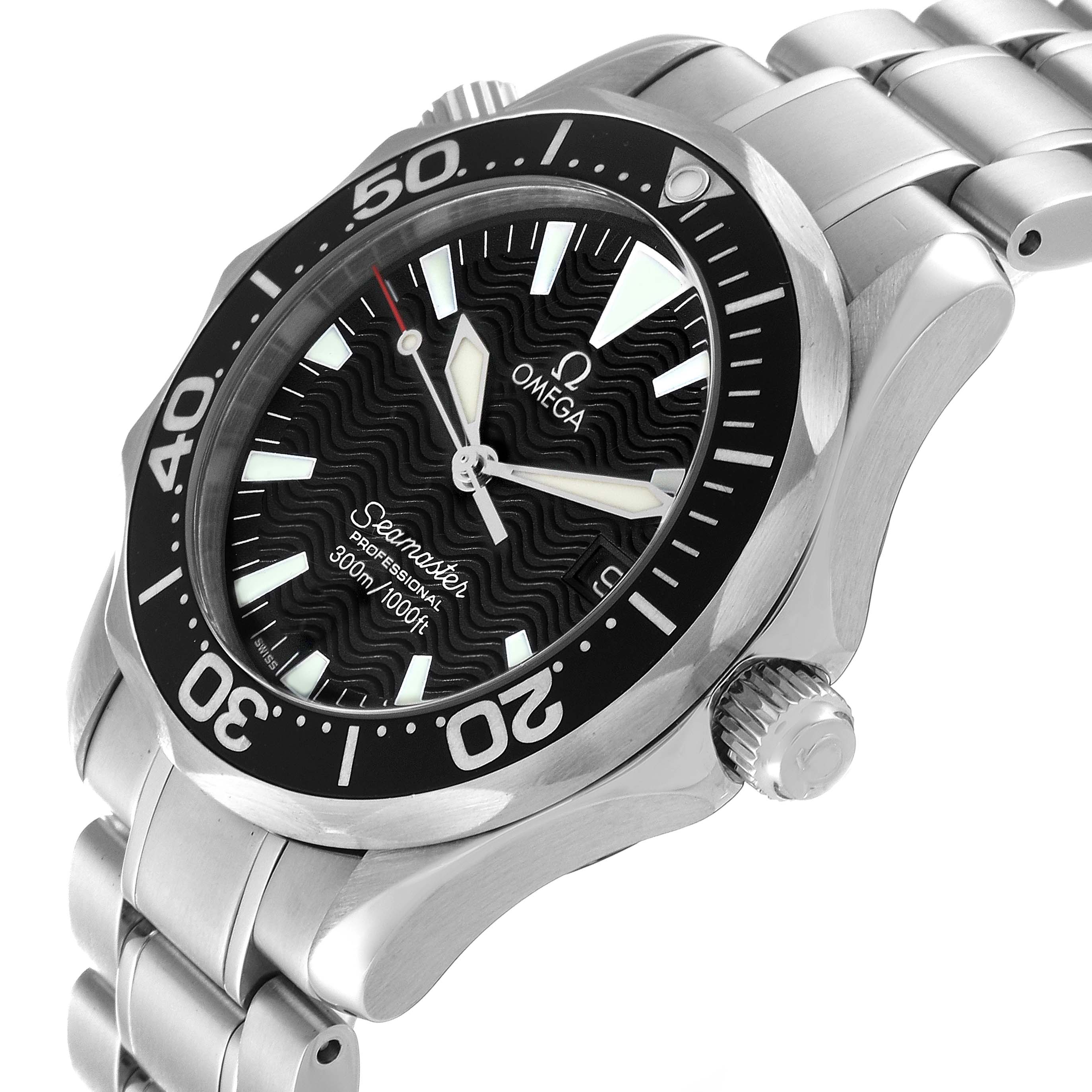 The image shows an angled view of the Omega Seamaster 2262.50.00 Men
s Stainless Steel Black Dial 2262.50.00 Men
s Stainless Steel Black Dial watch, highlighting the dial, bezel, crown, and bracelet.