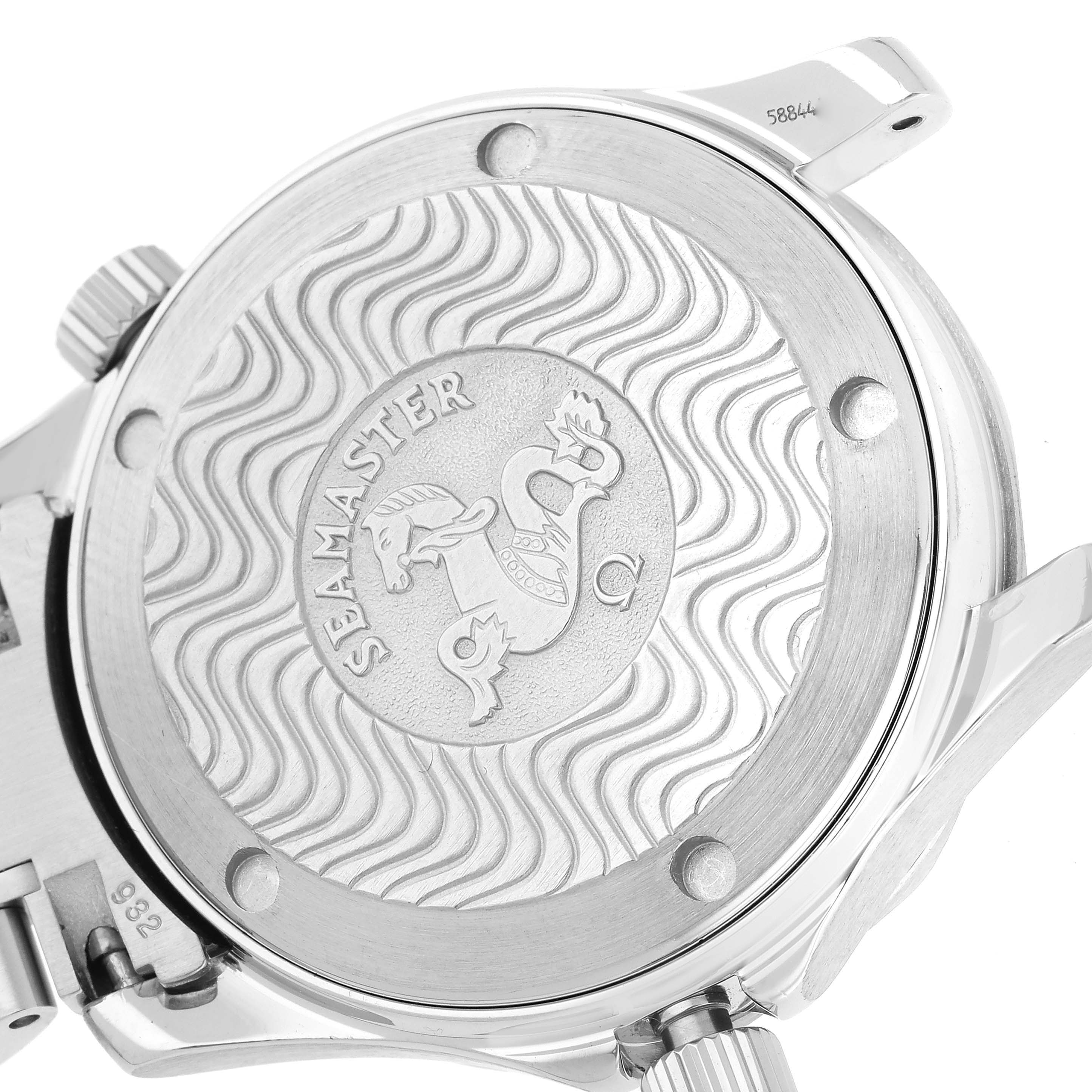 This image shows the case back of the Omega Seamaster 2262.50.00 Men
s Stainless Steel Black Dial 2262.50.00 Men
s Stainless Steel Black Dial watch, highlighting its engraved design and branding.