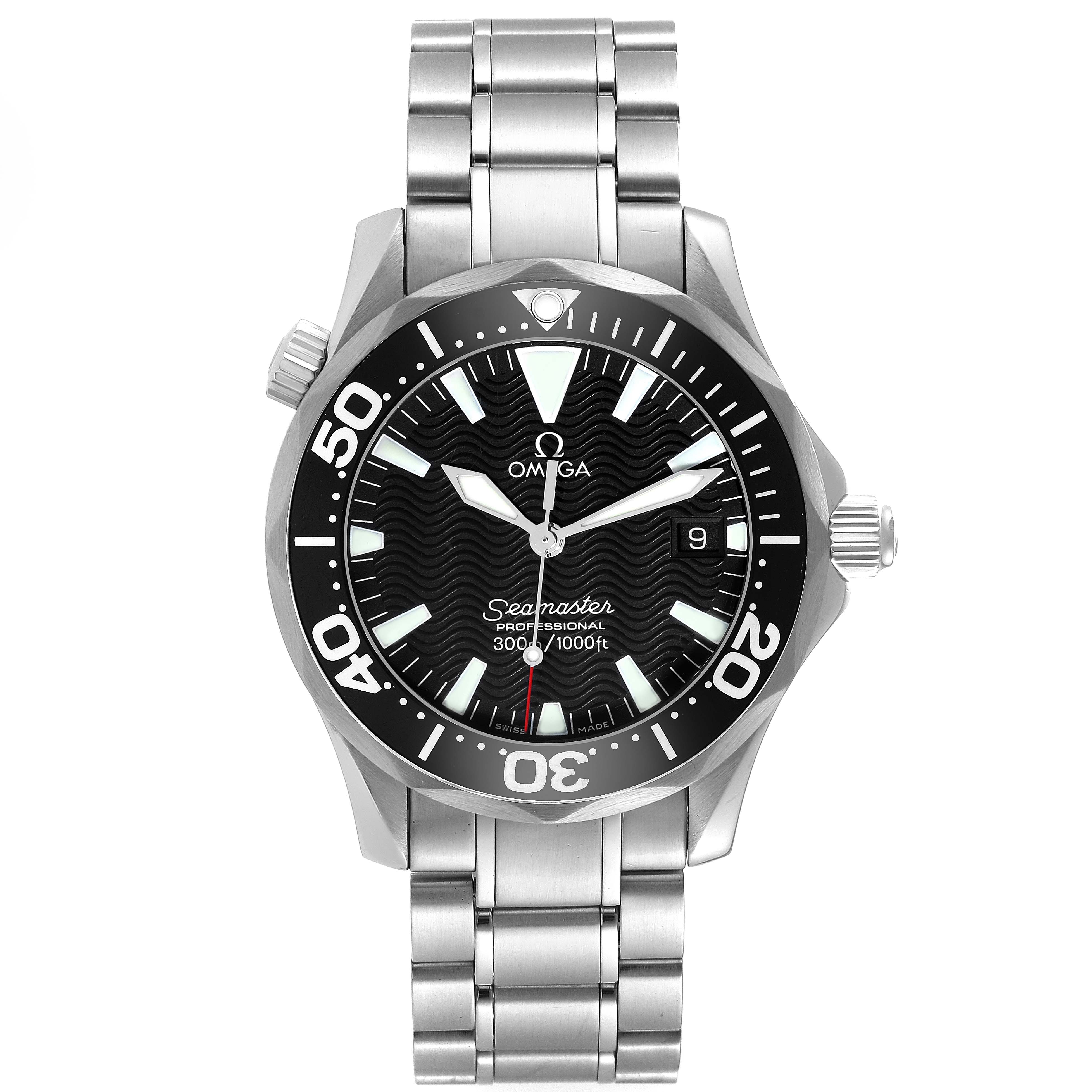 The image shows a frontal view of an Omega Seamaster 2262.50.00 Men
s Stainless Steel Black Dial 2262.50.00 Men
s Stainless Steel Black Dial watch, highlighting the face, bezel, crown, and stainless steel bracelet.