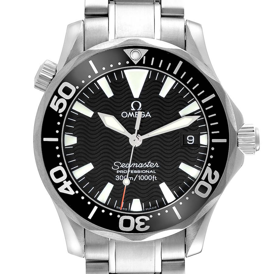 The image shows a front view of an Omega Seamaster watch displaying the dial, bezel, hands, and part of the bracelet.