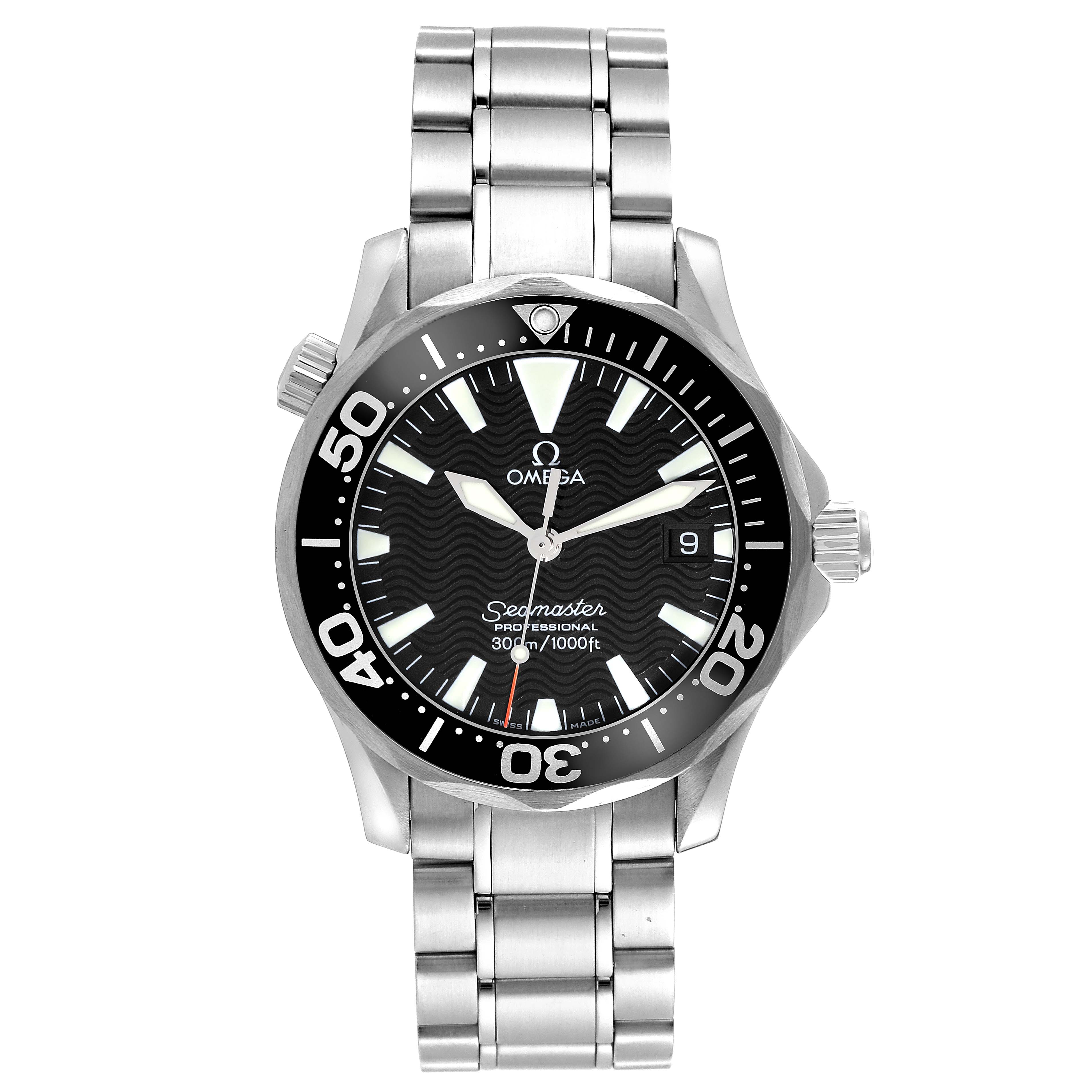 The image shows a front view of the Omega Seamaster 2262.50.00 Men
s Stainless Steel Black Dial 2262.50.00 Men
s Stainless Steel Black Dial watch, displaying its face, bezel, crown, and stainless steel bracelet.