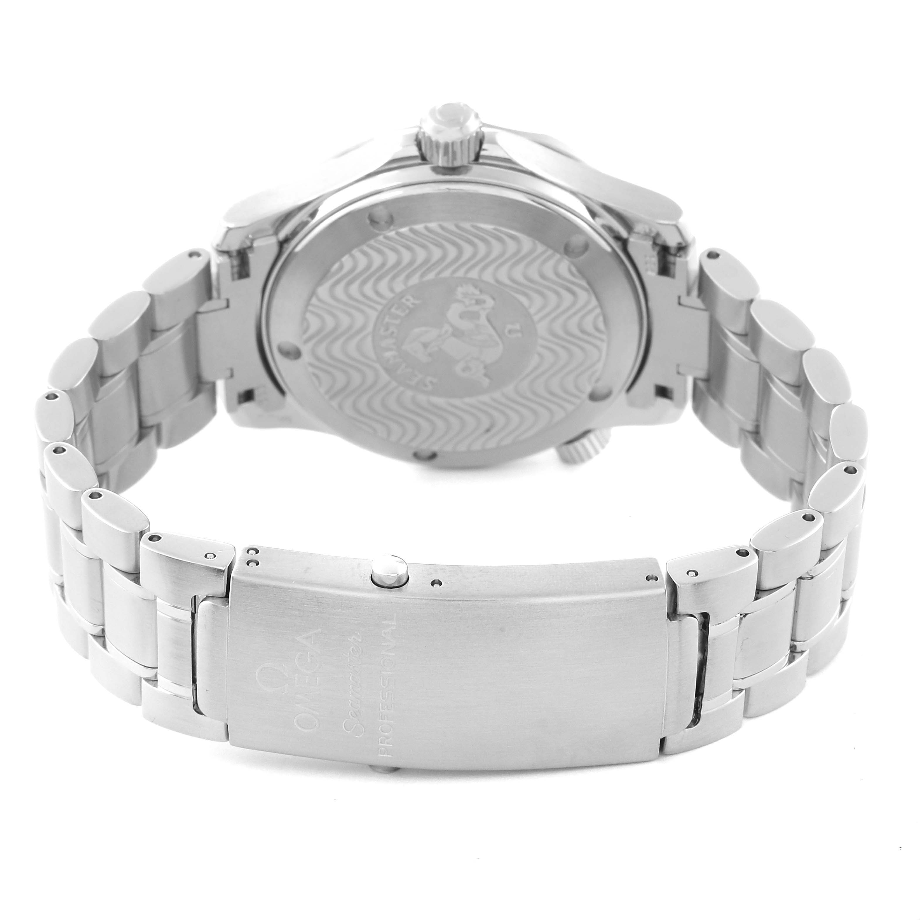 The image shows the back case and metal bracelet of an Omega Seamaster 2262.50.00 Men
s Stainless Steel Black Dial 2262.50.00 Men
s Stainless Steel Black Dial watch, focusing on the clasp and rear engravings.