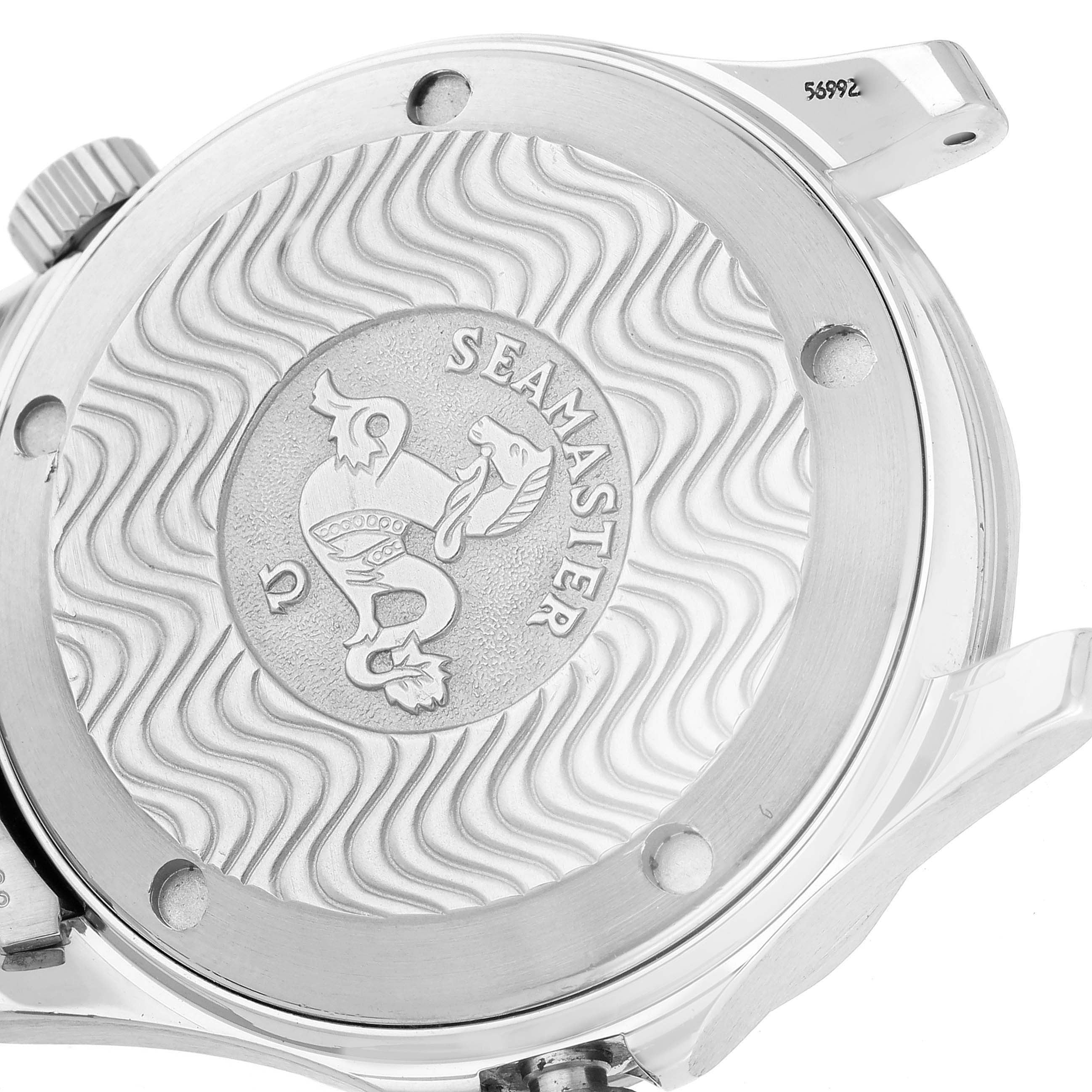 This image shows the case back of an Omega Seamaster 2262.50.00 Men
s Stainless Steel Black Dial 2262.50.00 Men
s Stainless Steel Black Dial watch, featuring its iconic wave pattern and emblem.