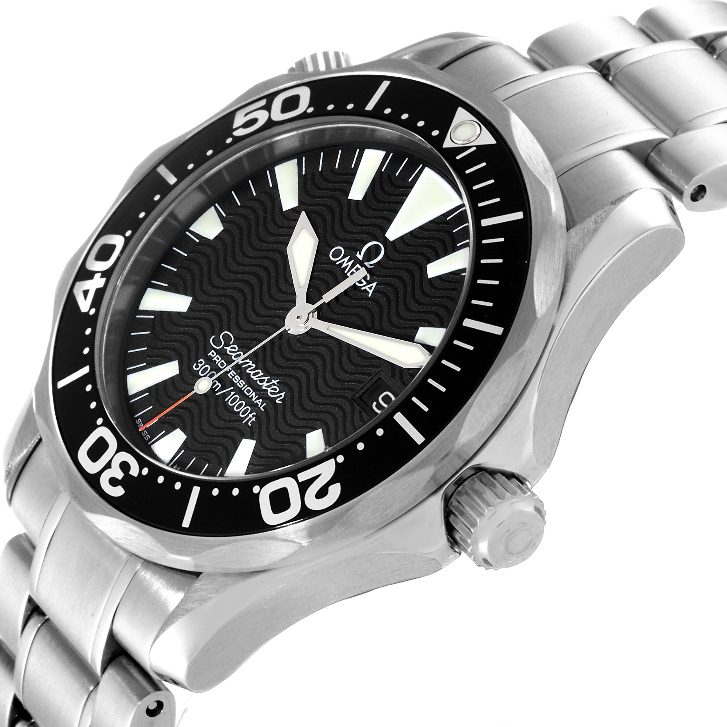 The image shows an angled view of an Omega Seamaster 2262.50.00 Men
s Stainless Steel Black Dial 2262.50.00 Men
s Stainless Steel Black Dial watch, with its face, bezel, crown, and part of the metal bracelet visible.