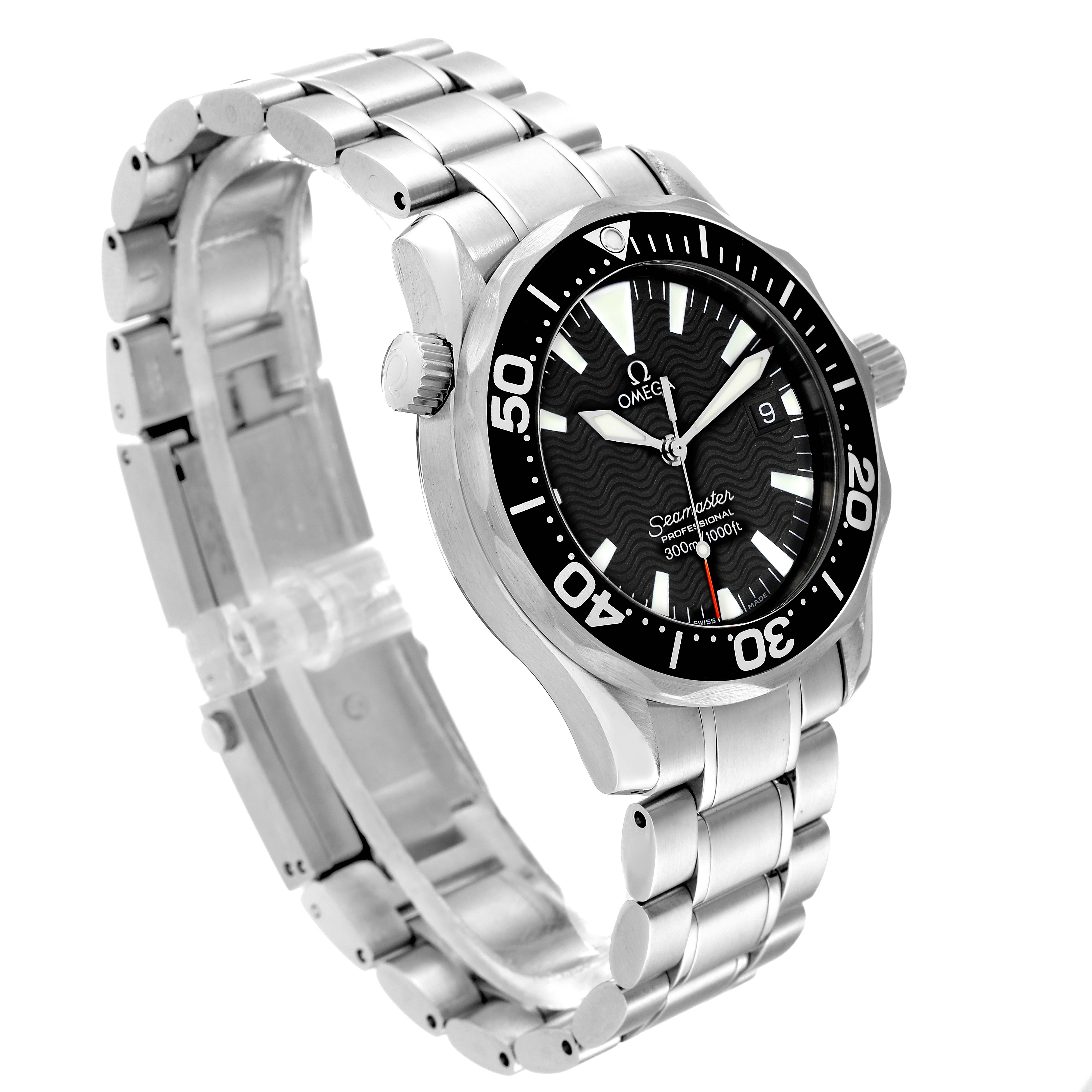 This Omega Seamaster 2262.50.00 Men
s Stainless Steel Black Dial 2262.50.00 Men
s Stainless Steel Black Dial watch is shown at an angled front view, highlighting its stainless steel bracelet, bezel, and crown.