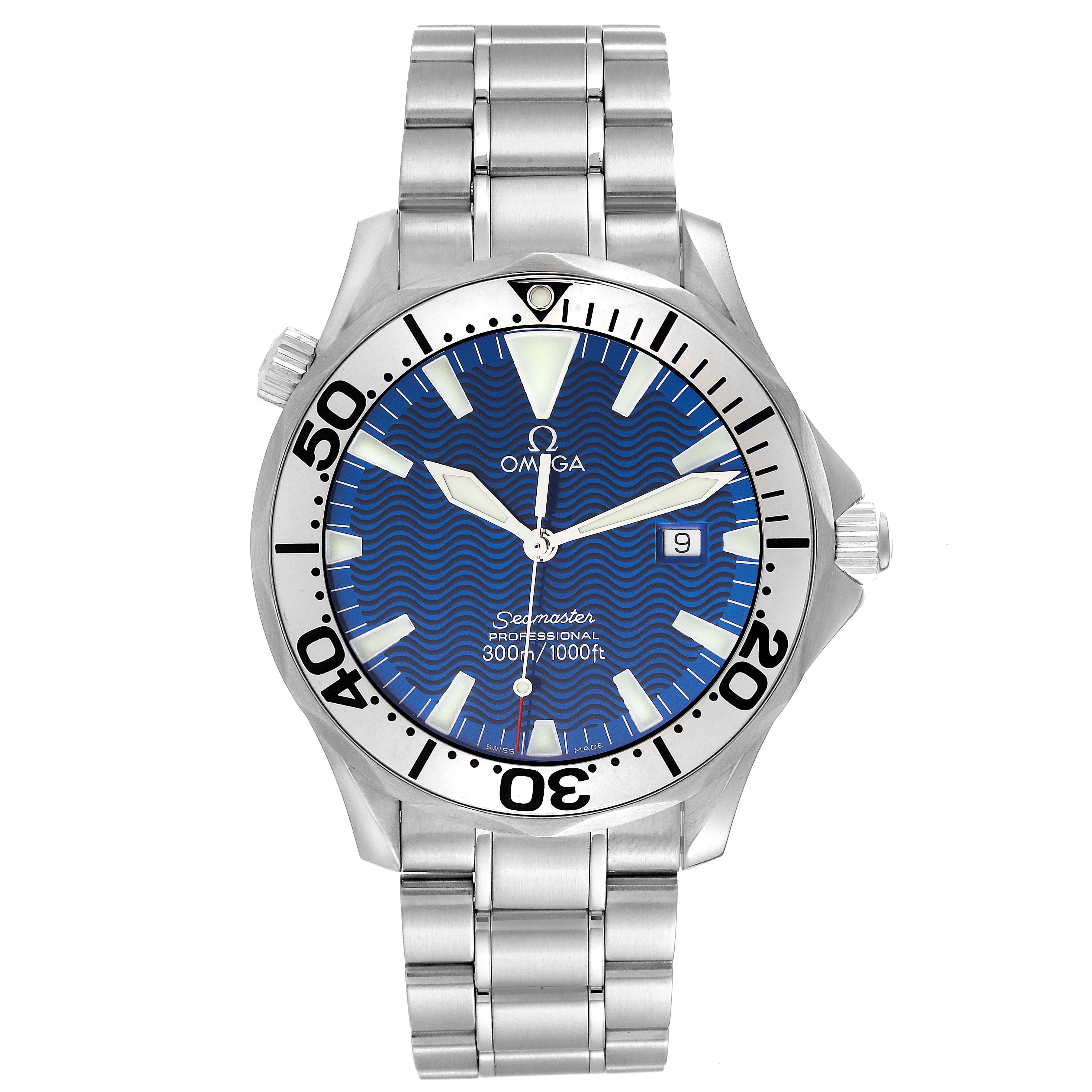 The image shows a front view of an Omega Seamaster 2265.80.00 Men's Stainless Steel Blue Dial 2265.80.00 Men's Stainless Steel Blue Dial watch highlighting its blue dial, bezel, and metal bracelet.