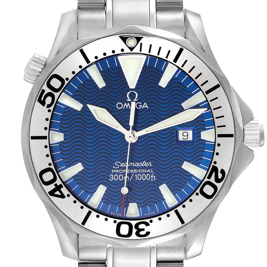 The image shows a front view of the Omega Seamaster watch, displaying the dial, bezel, crown, and part of the bracelet.