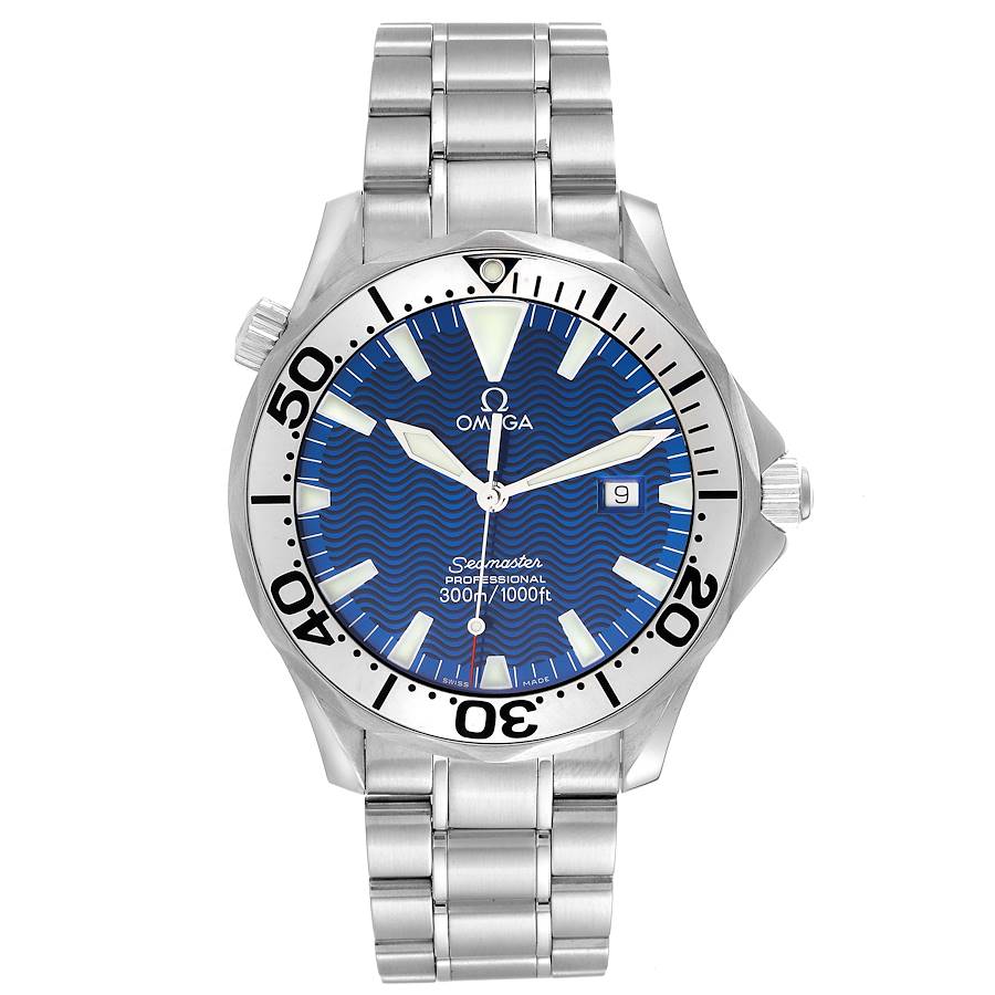 Omega Seamaster Electric Blue Wave Dial Steel Mens Watch 2265.80.00 SwissWatchExpo