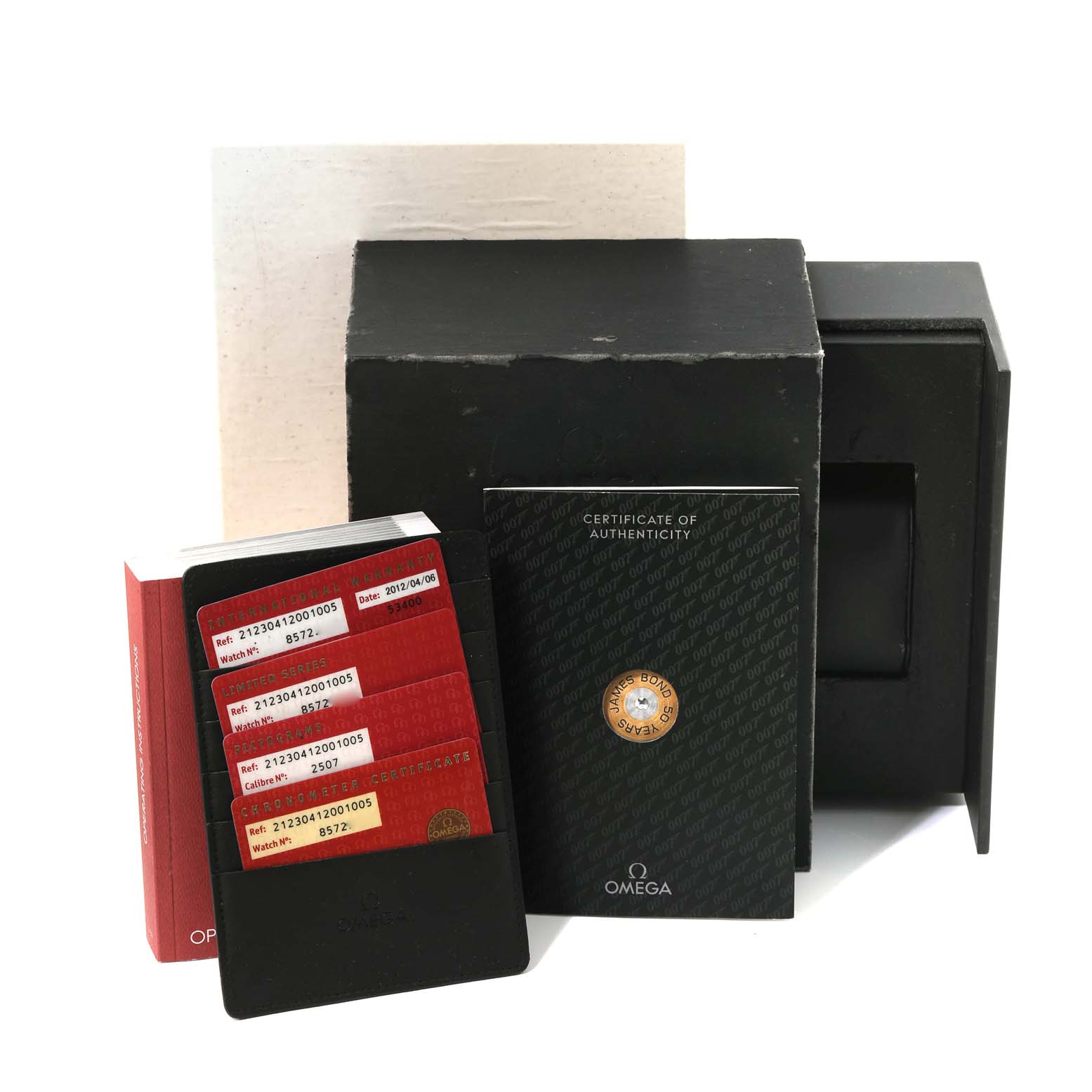 The image shows the Omega Seamaster 212.30.41.20.01.005 Men's Stainless Steel Black Dial 212.30.41.20.01.005 Men's Stainless Steel Black Dial model's packaging, certificate of authenticity, and various identification cards.