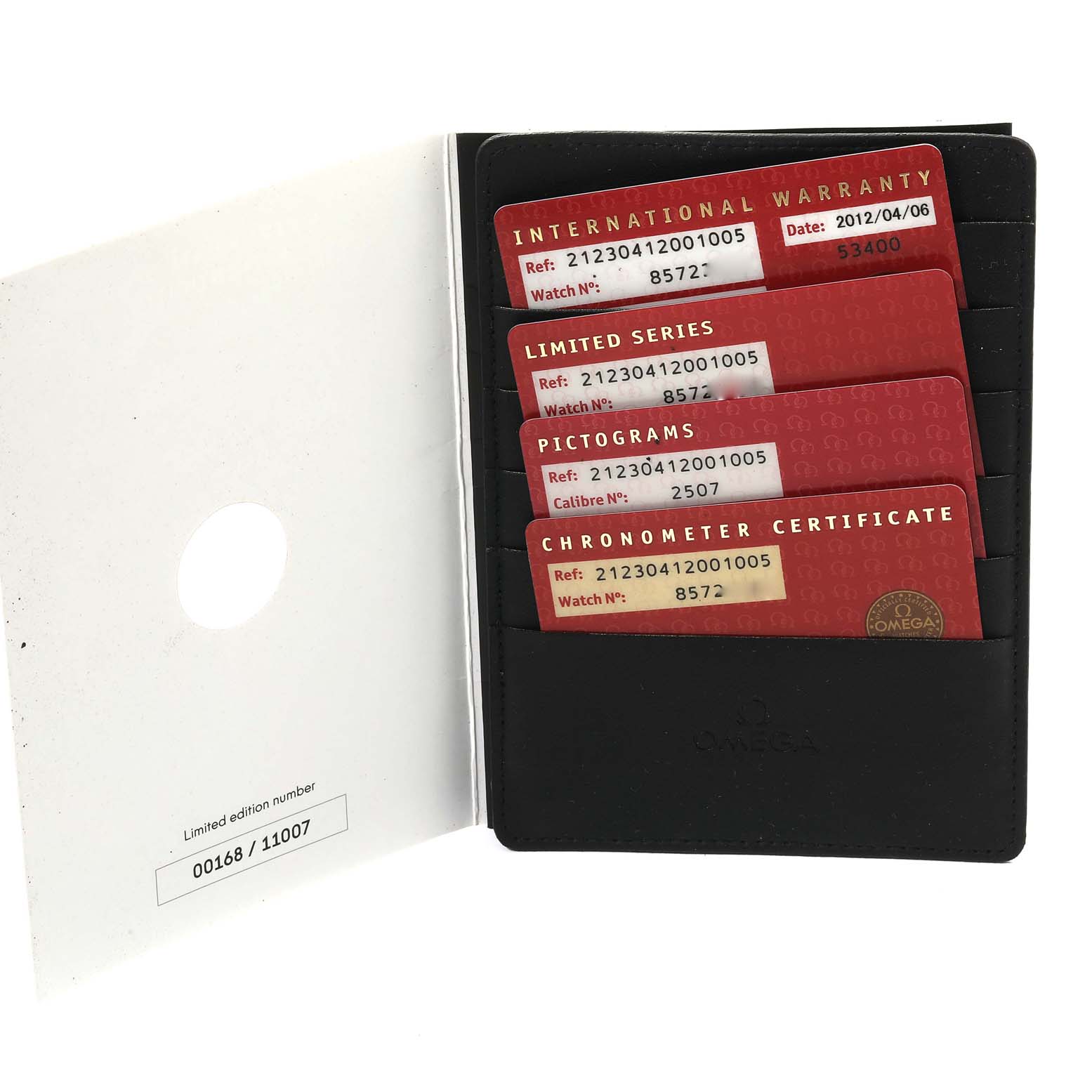 The image shows warranty and certification cards for an Omega Seamaster 212.30.41.20.01.005 Men's Stainless Steel Black Dial 212.30.41.20.01.005 Men's Stainless Steel Black Dial watch, displayed in a black cardholder.