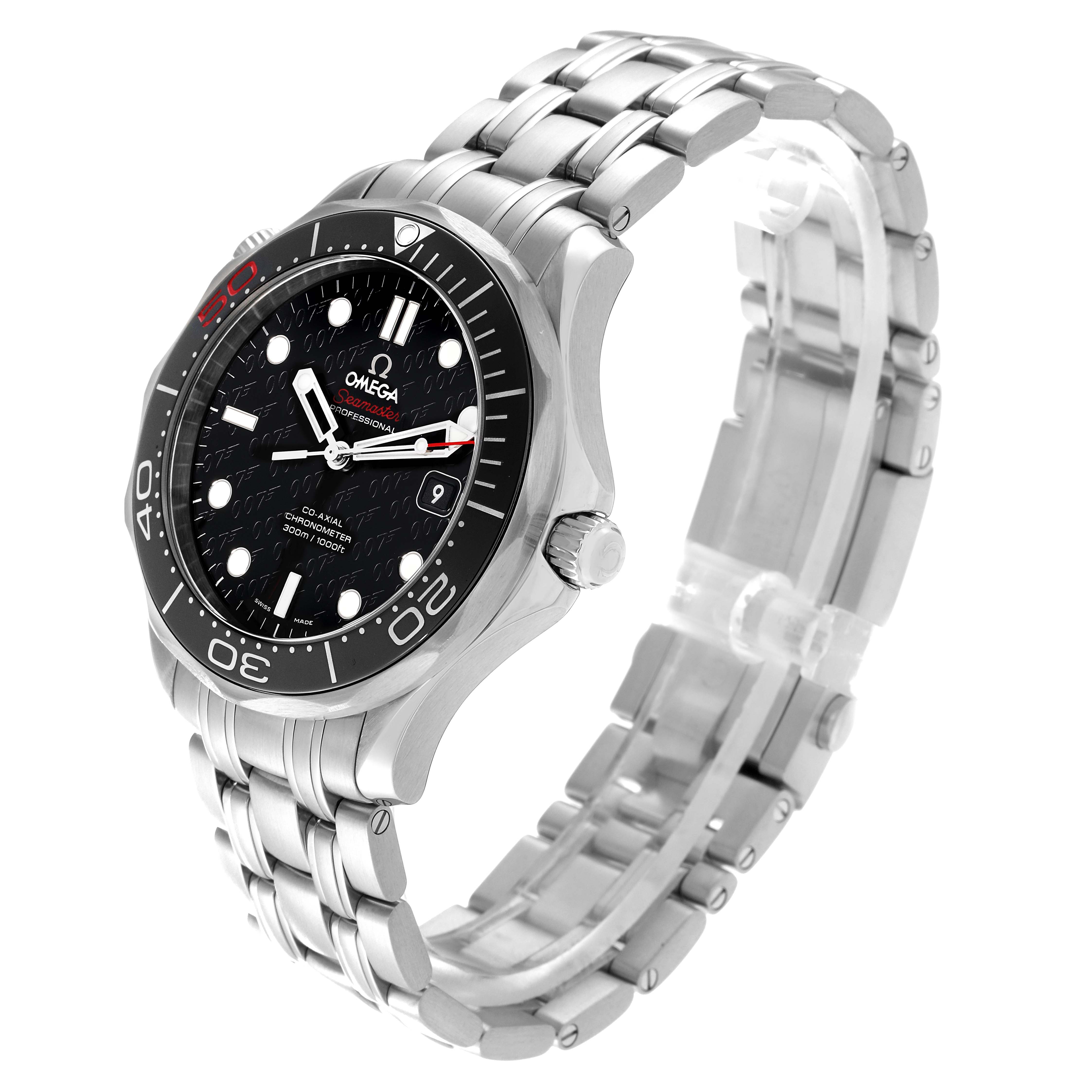 The Omega Seamaster 212.30.41.20.01.005 Men's Stainless Steel Black Dial 212.30.41.20.01.005 Men's Stainless Steel Black Dial watch is shown at a three-quarter angle, displaying its face, bezel, crown, and metal bracelet.