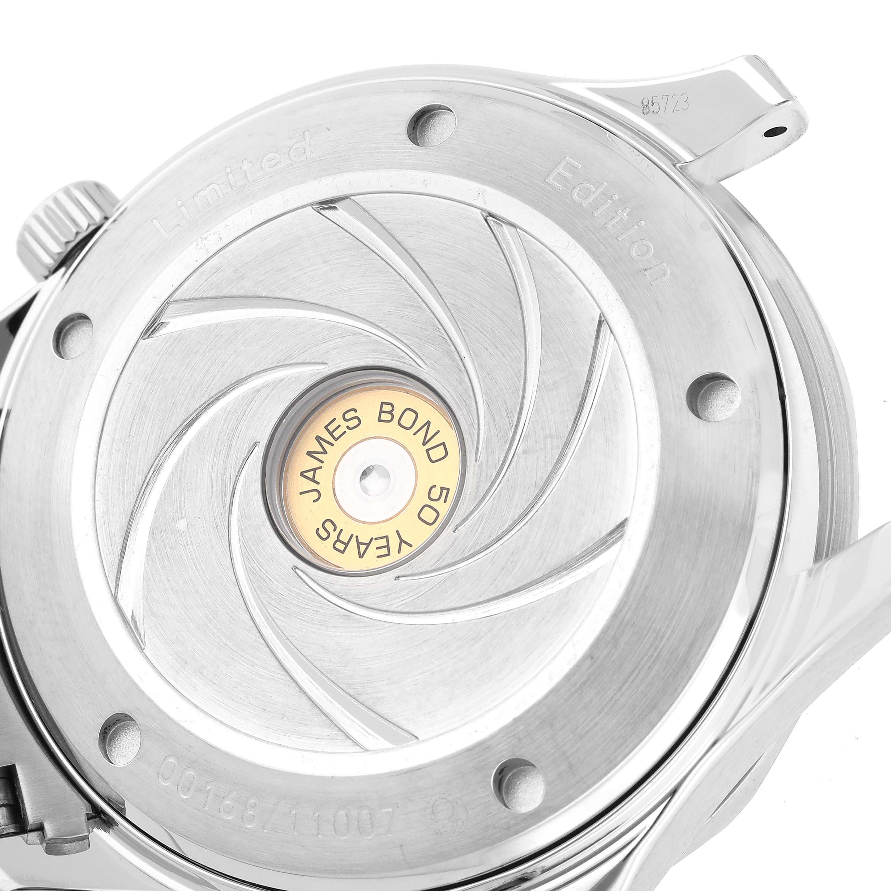 The image shows the case back of an Omega Seamaster 212.30.41.20.01.005 Men's Stainless Steel Black Dial 212.30.41.20.01.005 Men's Stainless Steel Black Dial Limited Edition watch, featuring "James Bond 50 Years" engraving.