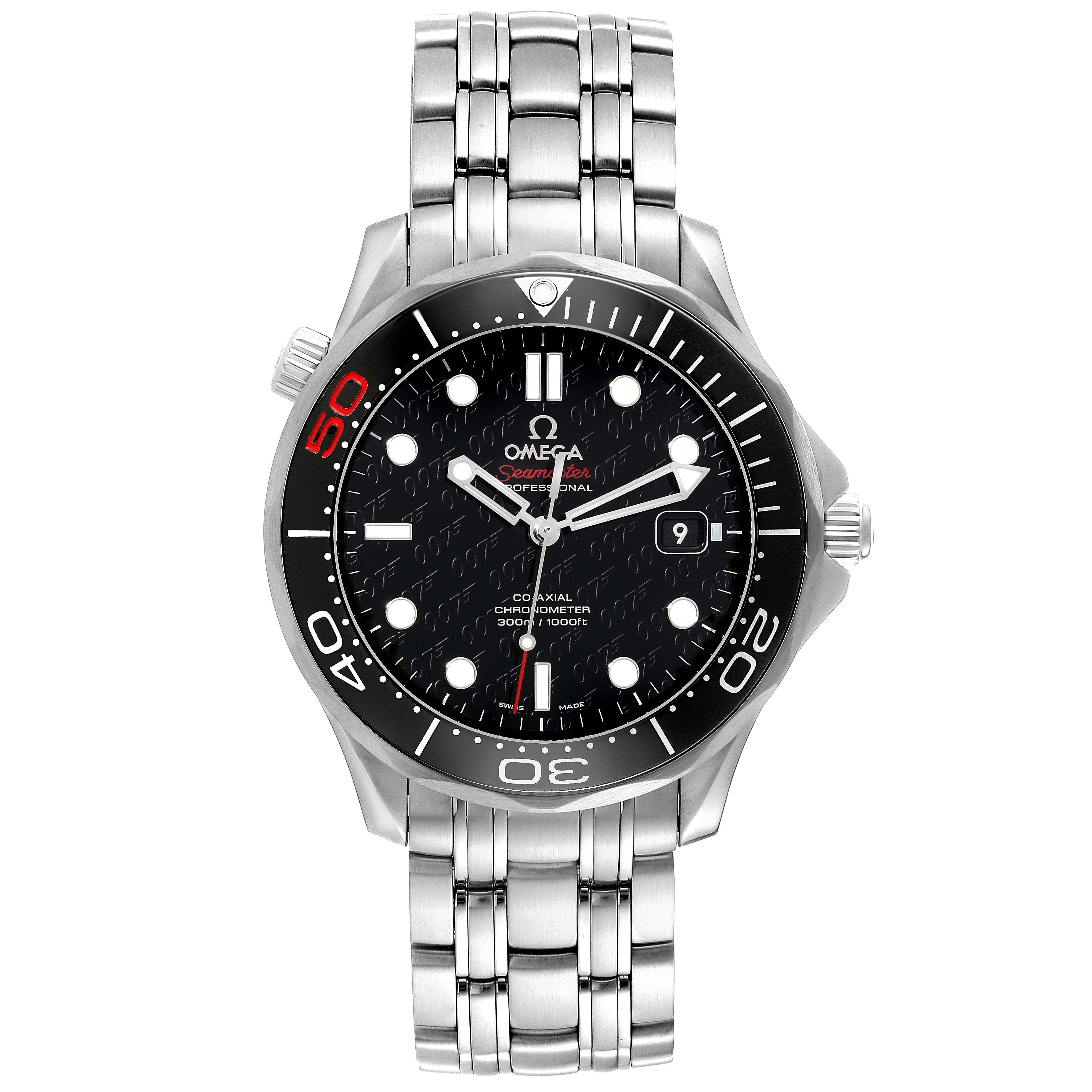 The image shows a front view of the Omega Seamaster 212.30.41.20.01.005 Men's Stainless Steel Black Dial 212.30.41.20.01.005 Men's Stainless Steel Black Dial watch, highlighting its face, bezel, and metal bracelet.