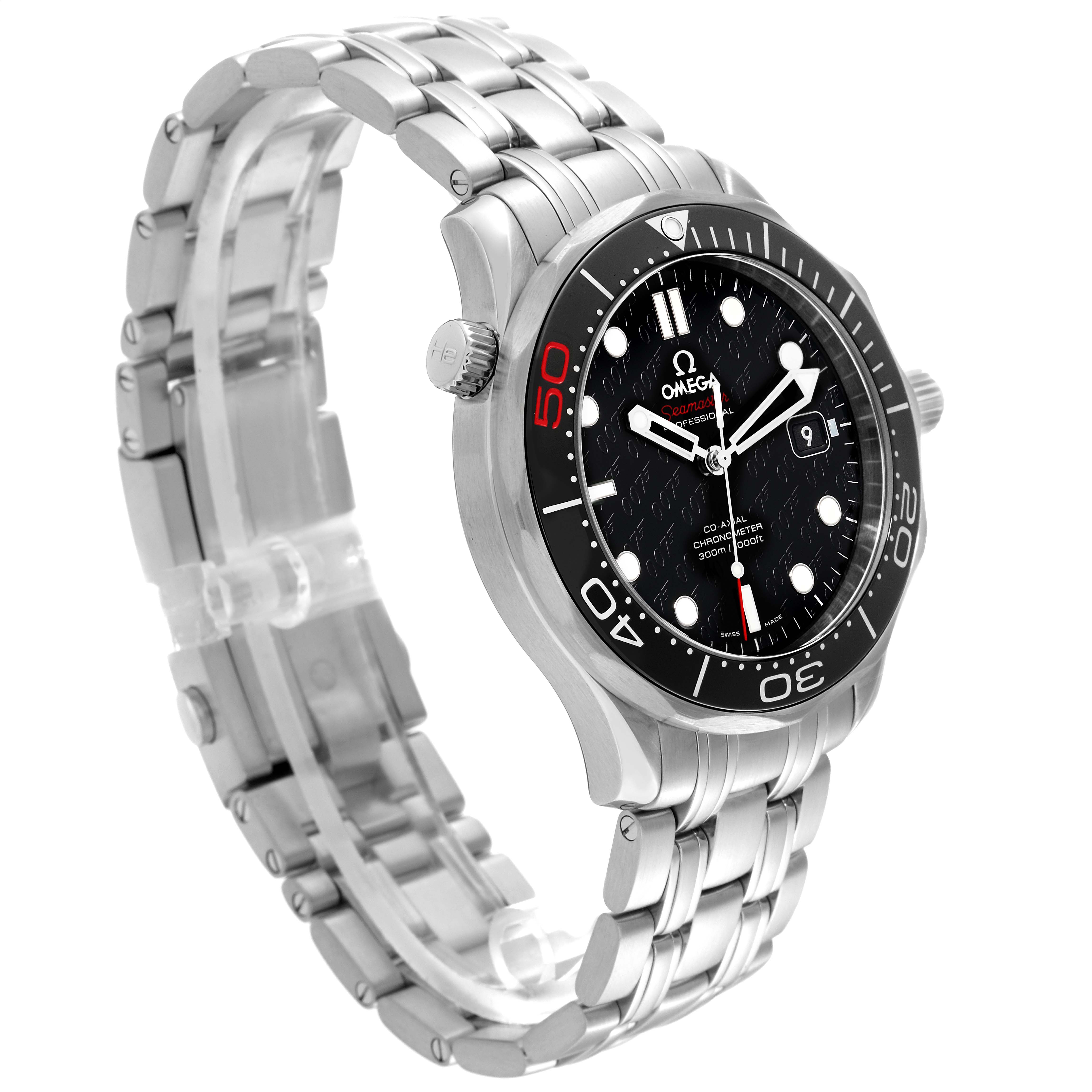 The image shows an Omega Seamaster 212.30.41.20.01.005 Men's Stainless Steel Black Dial 212.30.41.20.01.005 Men's Stainless Steel Black Dial watch at a 3/4 angle, highlighting its bracelet, bezel, and dial.