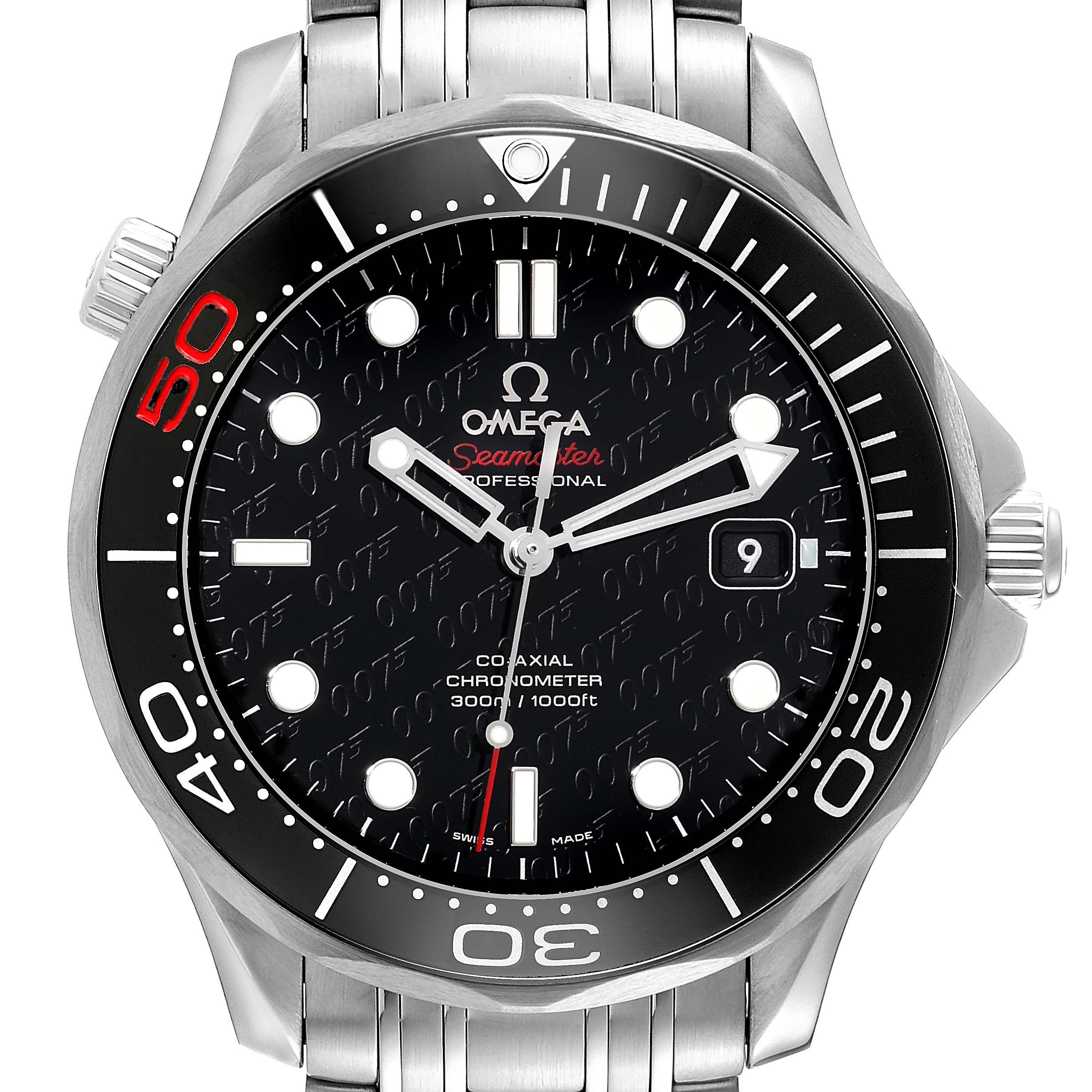 This is a front view of the Omega Seamaster 212.30.41.20.01.005 Men's Stainless Steel Black Dial 212.30.41.20.01.005 Men's Stainless Steel Black Dial watch displaying the face, bezel, crown, and part of the stainless steel bracelet.