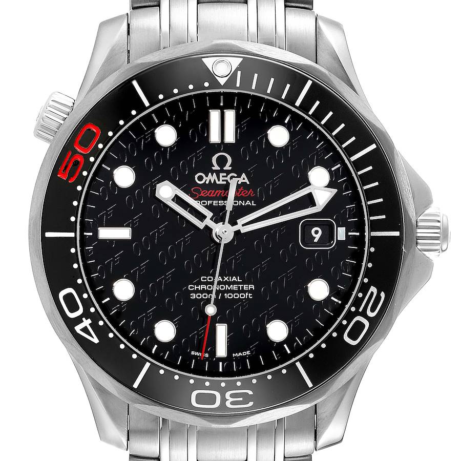 This is a front view of the Omega Seamaster watch displaying the face, bezel, crown, and part of the stainless steel bracelet.