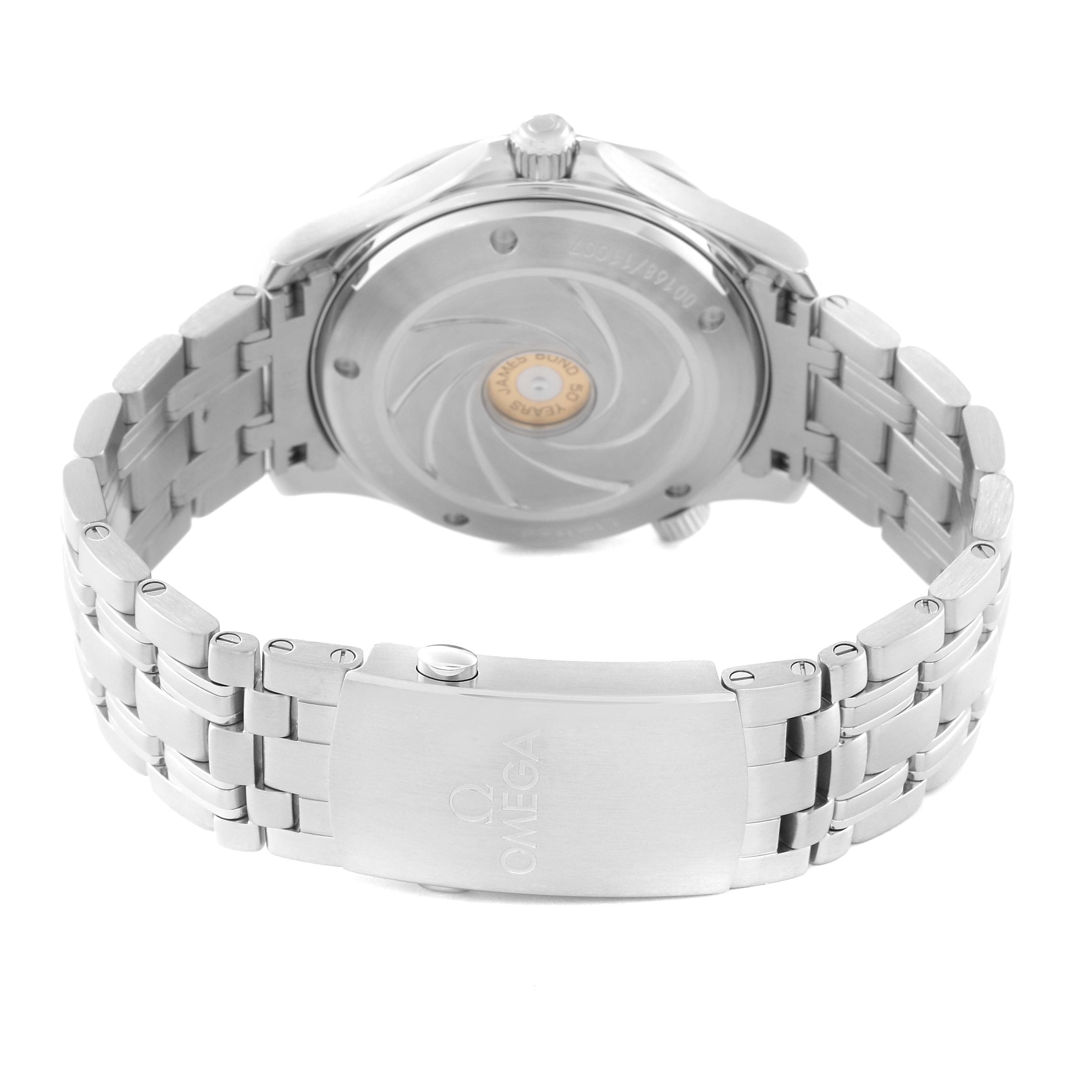 The image shows the back case and bracelet of an Omega Seamaster 212.30.41.20.01.005 Men's Stainless Steel Black Dial 212.30.41.20.01.005 Men's Stainless Steel Black Dial watch from a rear angle.