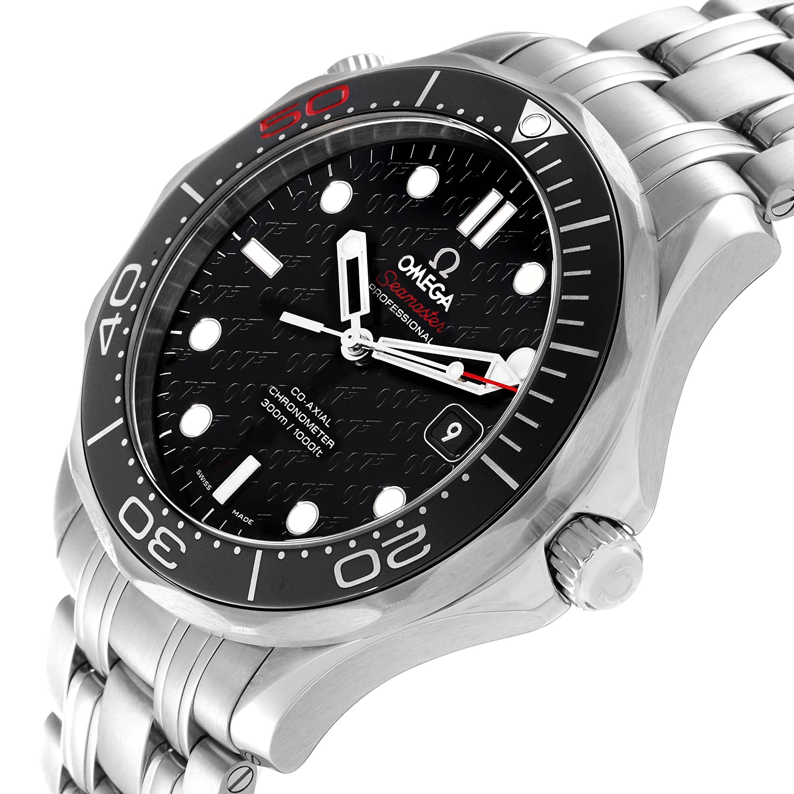 The image shows an angled view of the Omega Seamaster 212.30.41.20.01.005 Men's Stainless Steel Black Dial 212.30.41.20.01.005 Men's Stainless Steel Black Dial watch, highlighting its face, bezel, crown, and part of the metal bracelet.