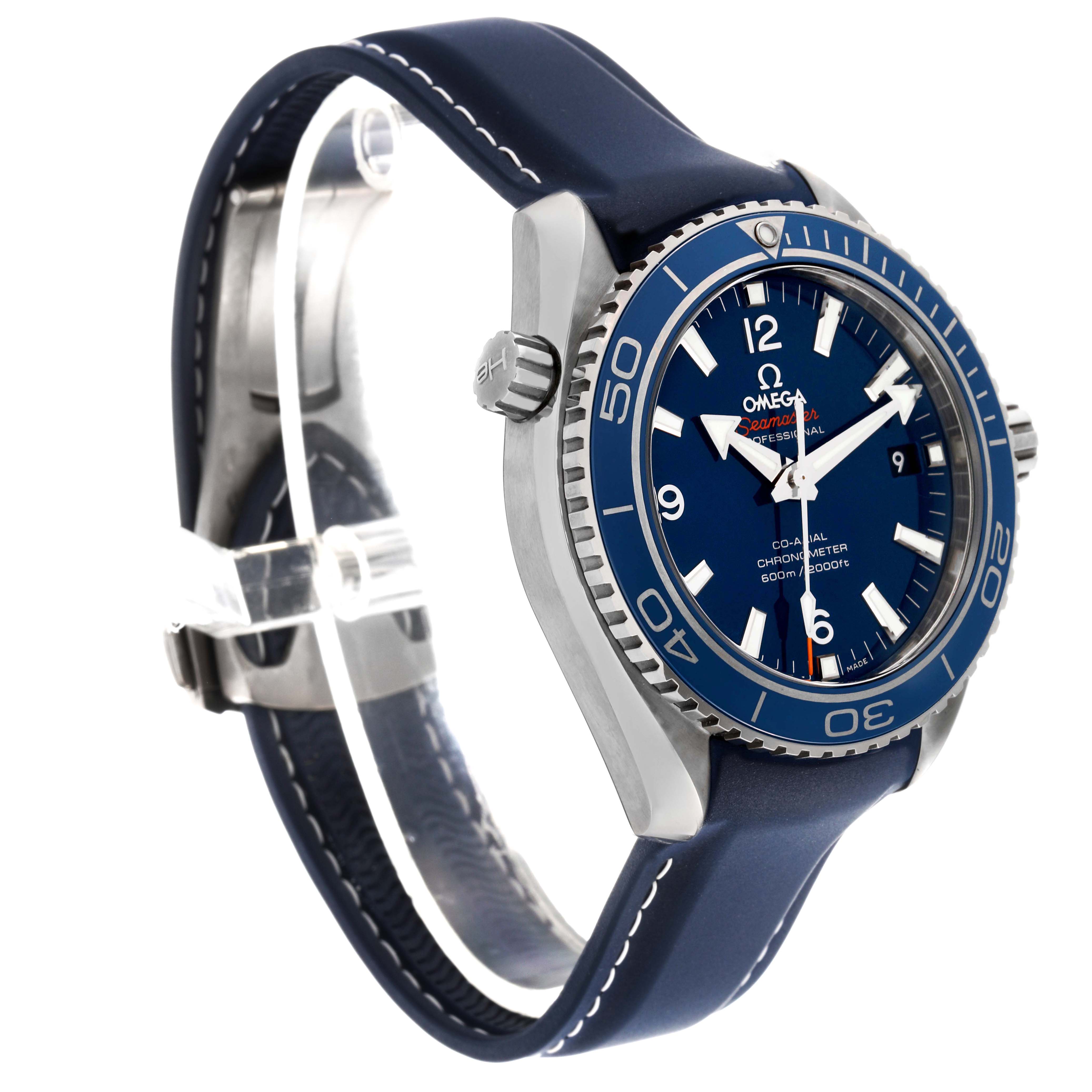 The Omega Planet Ocean 232.92.42.21.03.001 Men's Stainless Steel Blue Dial watch is shown from an angled side view, highlighting the bezel, dial, and blue strap.
