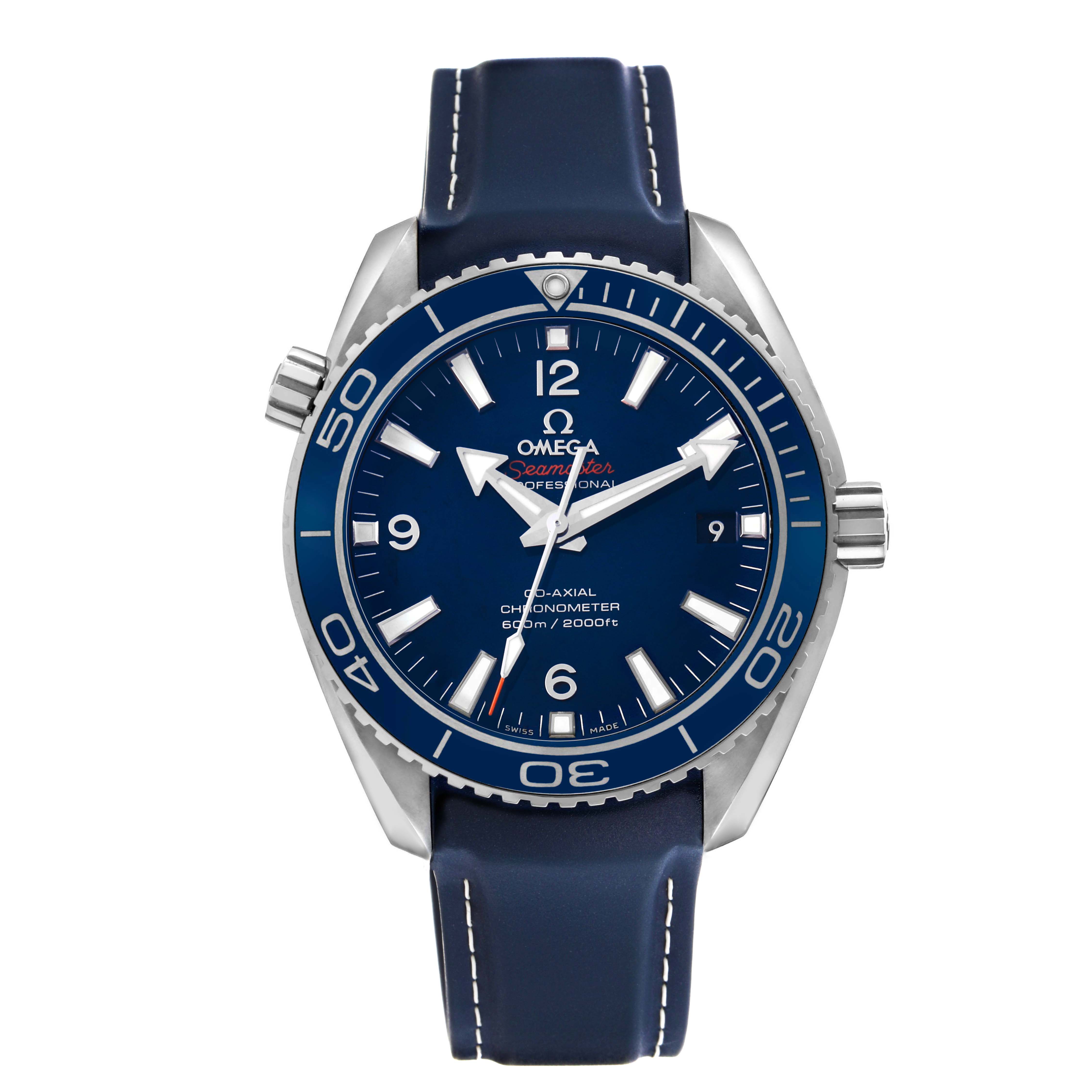 The Omega Planet Ocean 232.92.42.21.03.001 Men's Stainless Steel Blue Dial watch is shown from the front, displaying its blue dial, bezel, and blue strap.