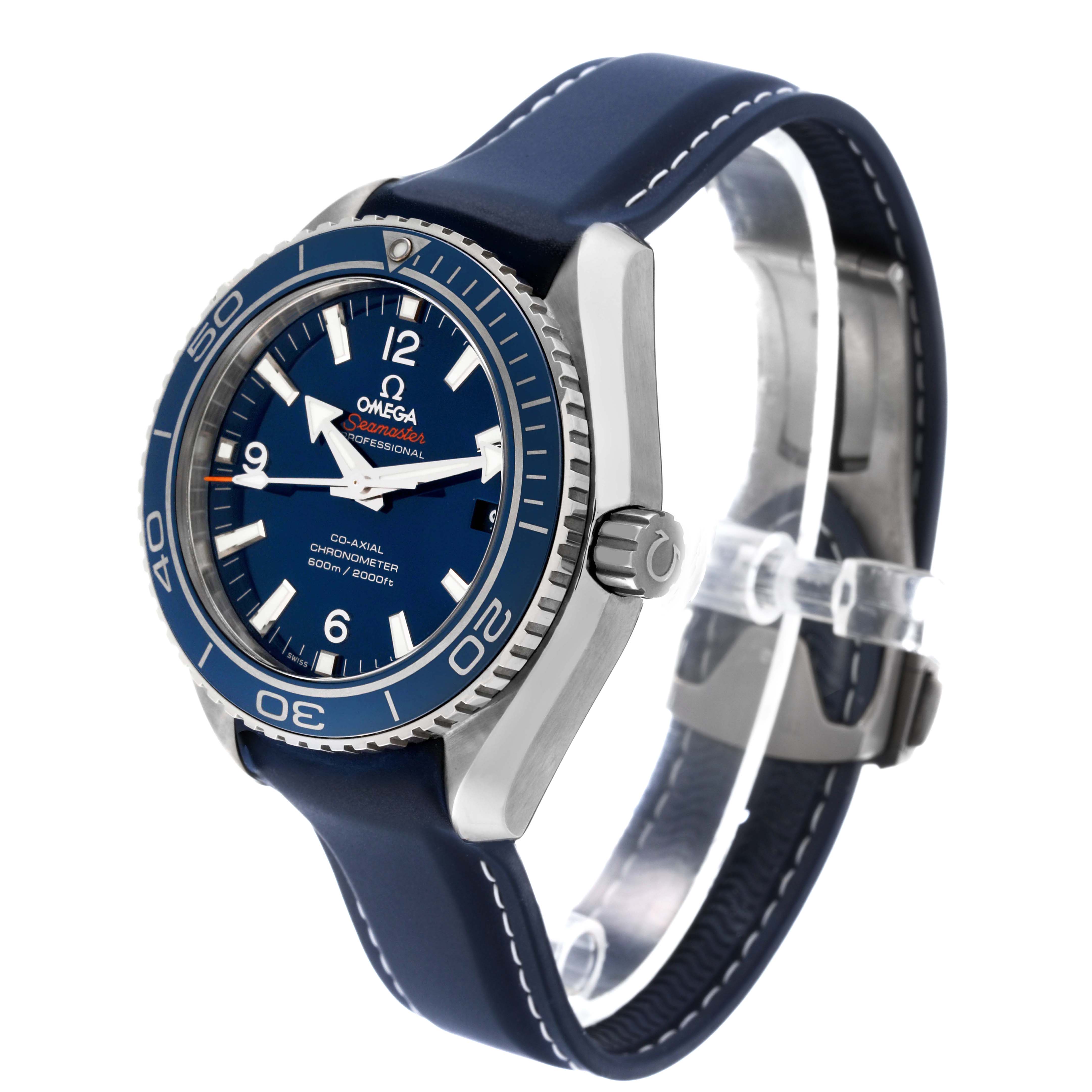 The Omega Planet Ocean 232.92.42.21.03.001 Men's Stainless Steel Blue Dial watch is shown at a three-quarter angle, displaying the face, bezel, case, and strap.