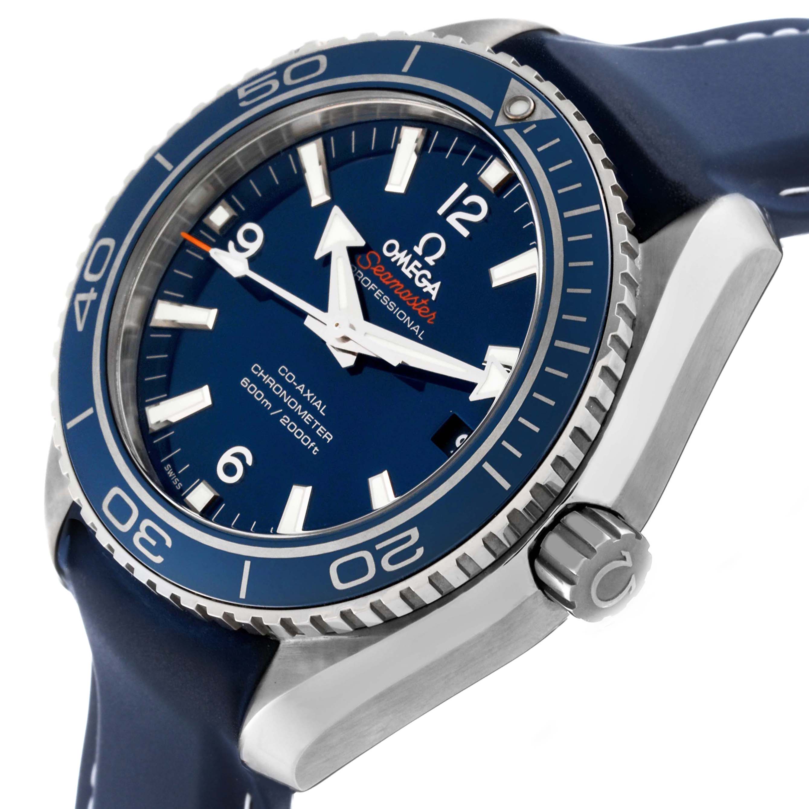 The Omega Planet Ocean 232.92.42.21.03.001 Men's Stainless Steel Blue Dial watch is shown at an angled view, highlighting its blue dial, bezel, case, and crown.