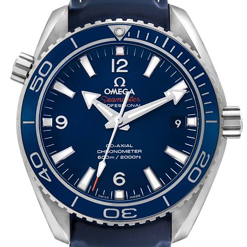 The image shows a front view of the Omega Planet Ocean 232.92.42.21.03.001 Men's Stainless Steel Blue Dial watch, highlighting the dial, bezel, and crown.