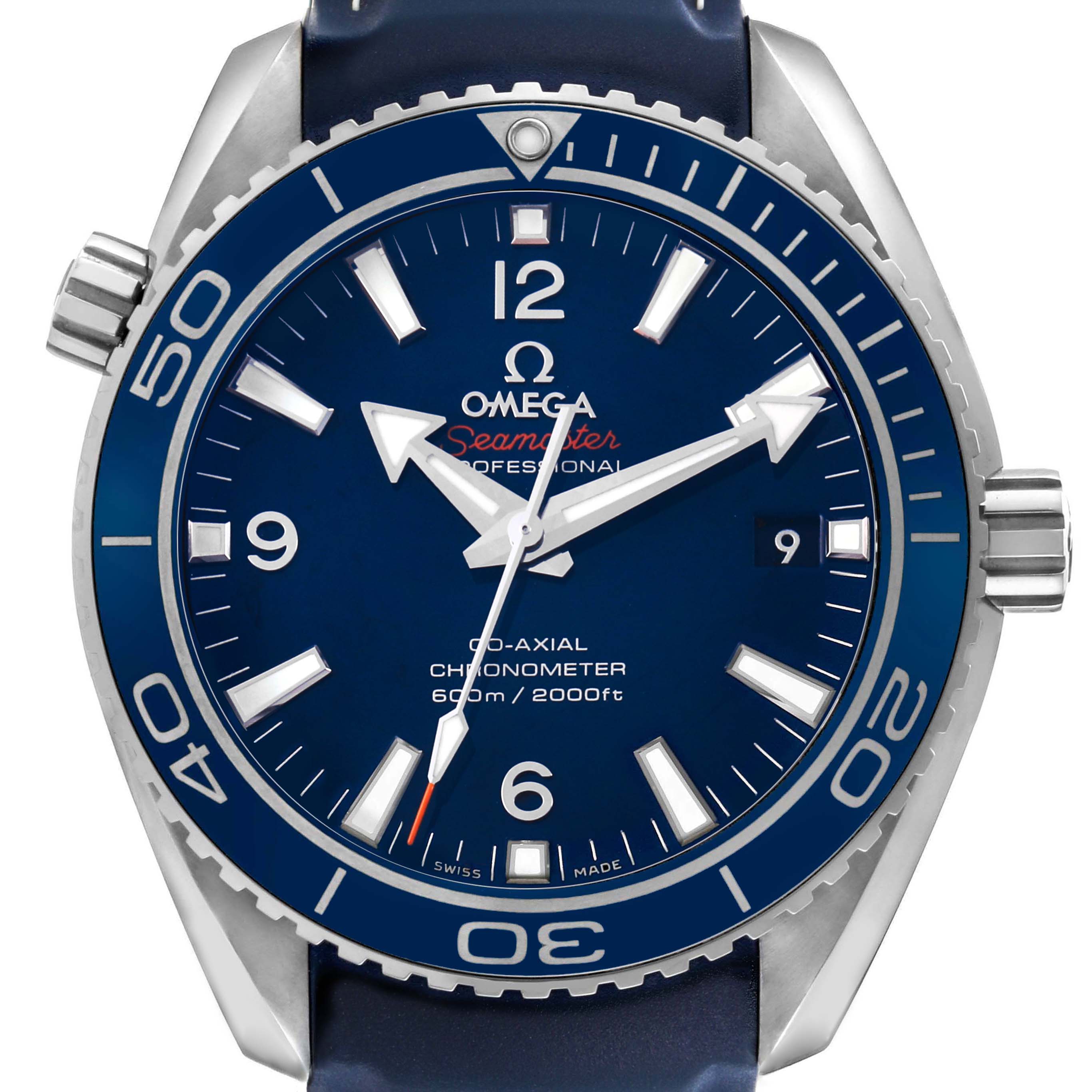 The Omega Planet Ocean 232.92.42.21.03.001 Men's Stainless Steel Blue Dial watch is shown from a front angle, highlighting the dial, bezel, and crown.