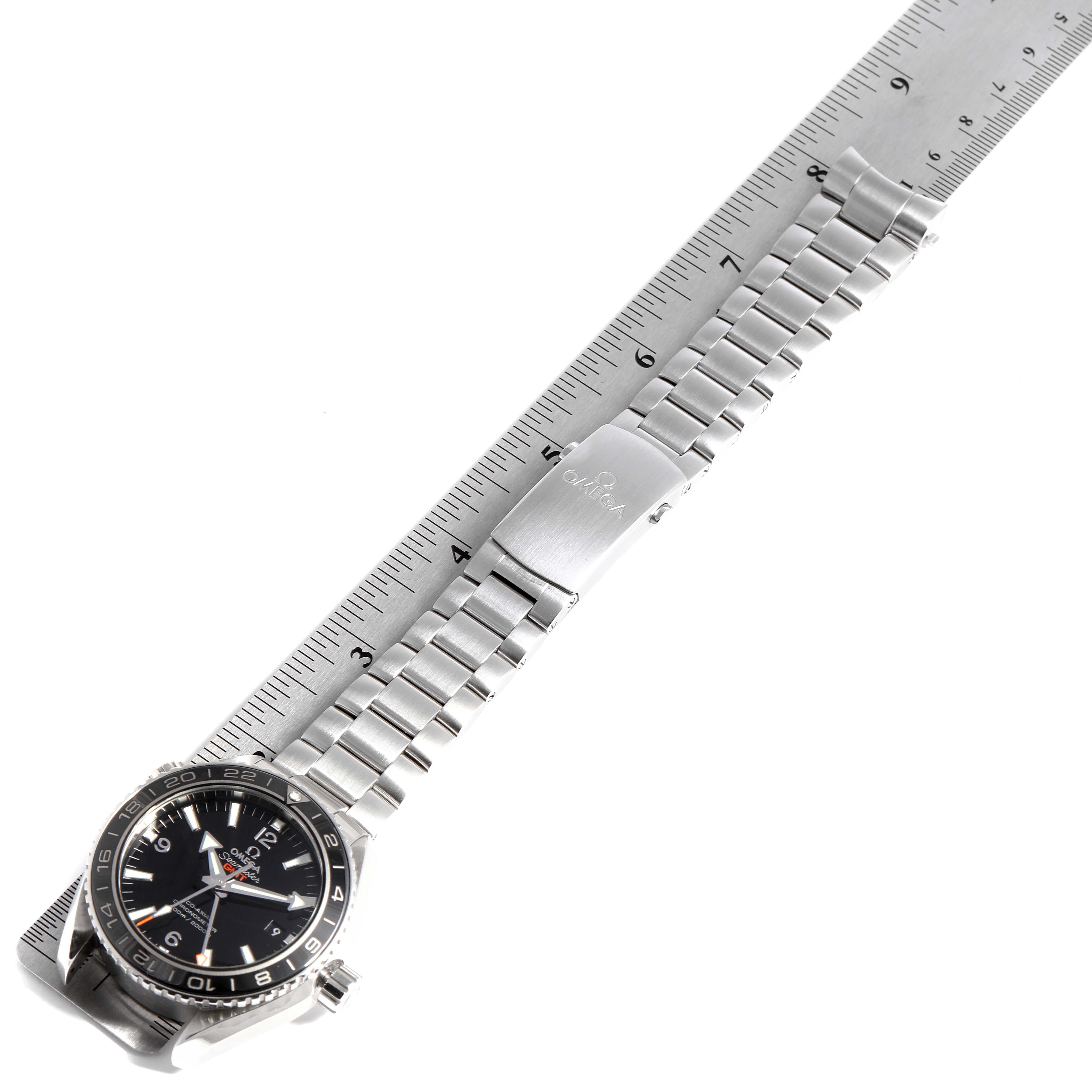 The Omega Planet Ocean 232.30.44.22.01.001 Men
s Stainless Steel Black Dial 232.30.44.22.01.001 Men
s Stainless Steel Black Dial watch is displayed at a diagonal angle, showing the face, bezel, bracelet, and clasp.