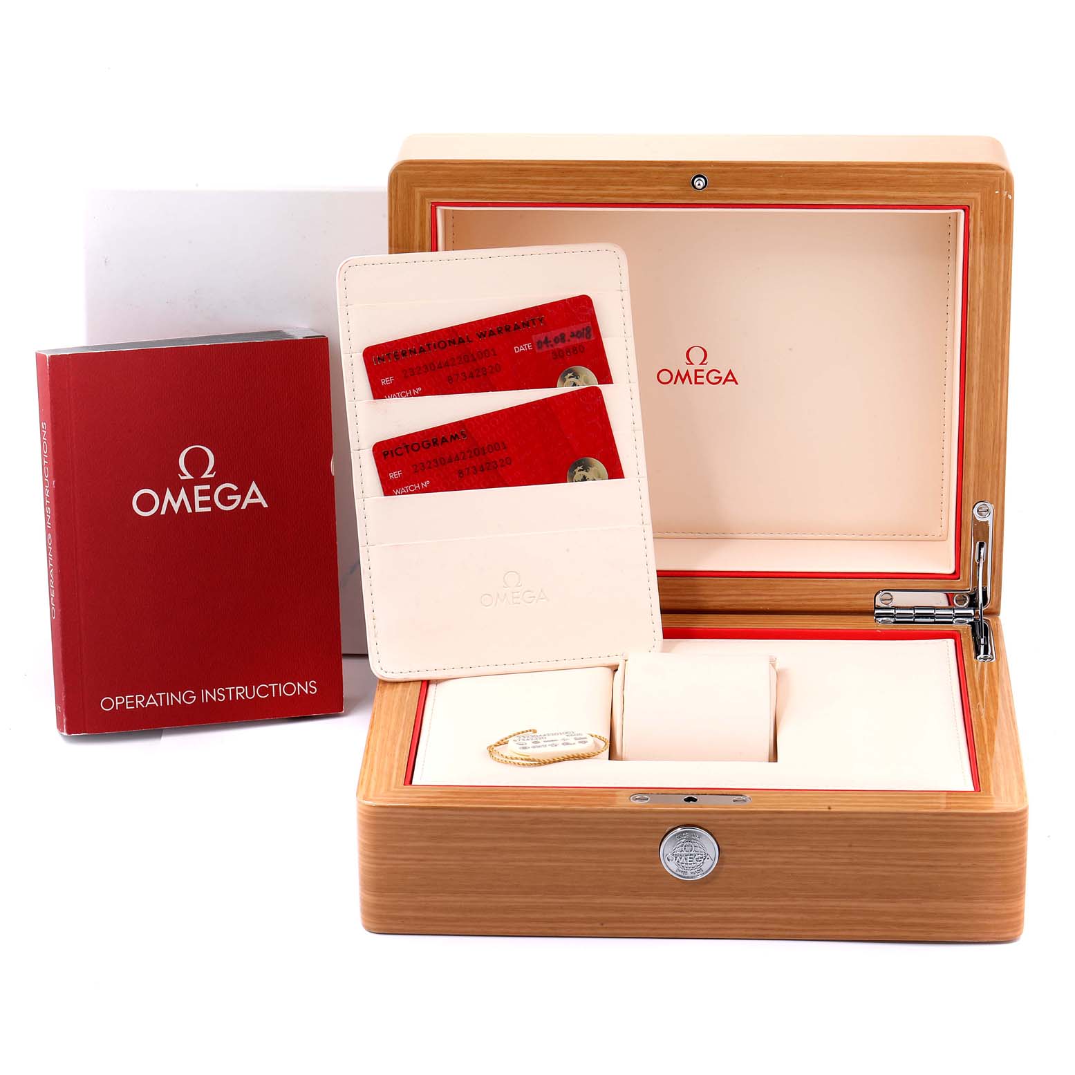 The image shows an Omega Planet Ocean 232.30.44.22.01.001 Men
s Stainless Steel Black Dial 232.30.44.22.01.001 Men
s Stainless Steel Black Dial watch box, operating instructions, and warranty cards.