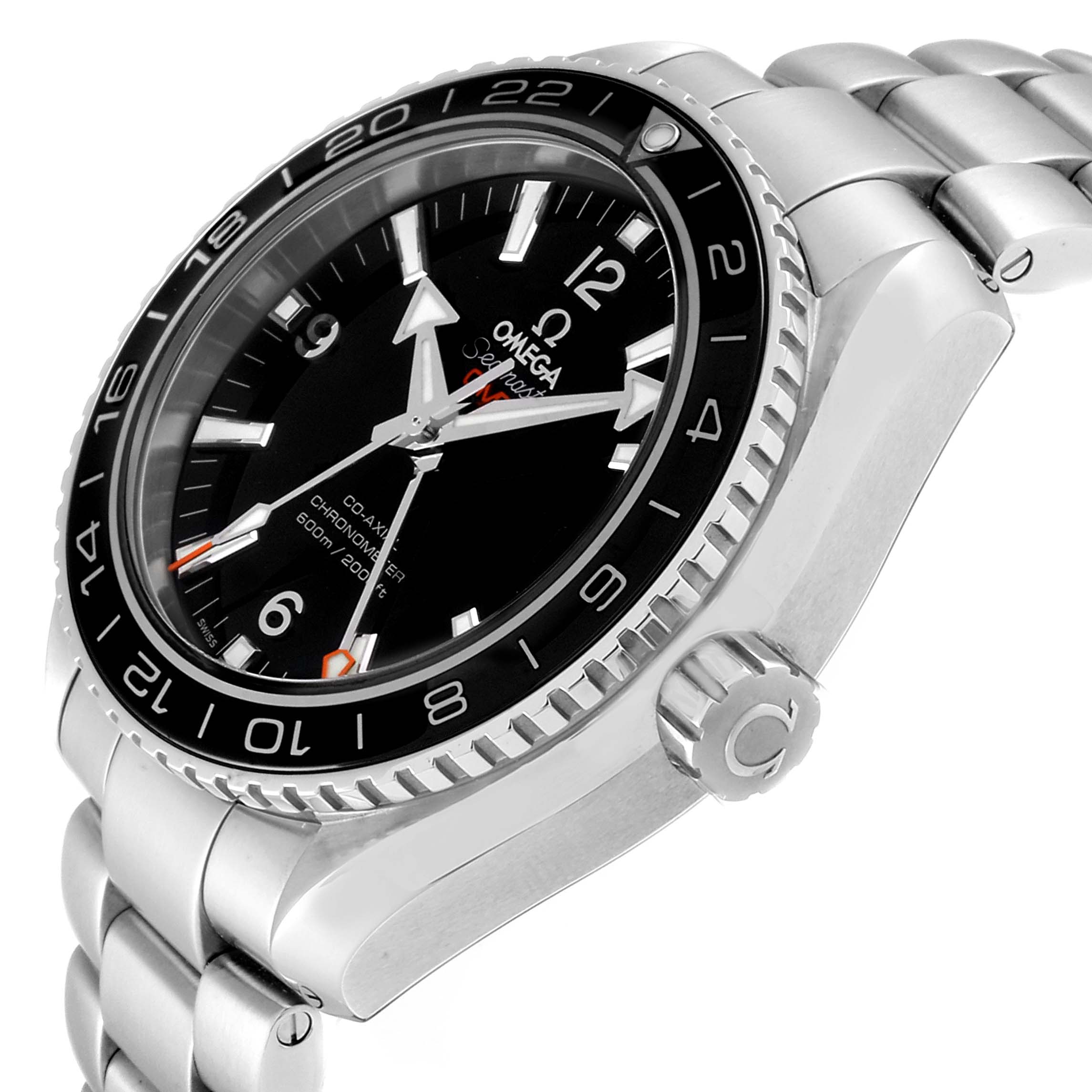 The image shows the Omega Planet Ocean 232.30.44.22.01.001 Men
s Stainless Steel Black Dial 232.30.44.22.01.001 Men
s Stainless Steel Black Dial watch at an upward angle highlighting the bezel, crown, dial, and part of the bracelet.