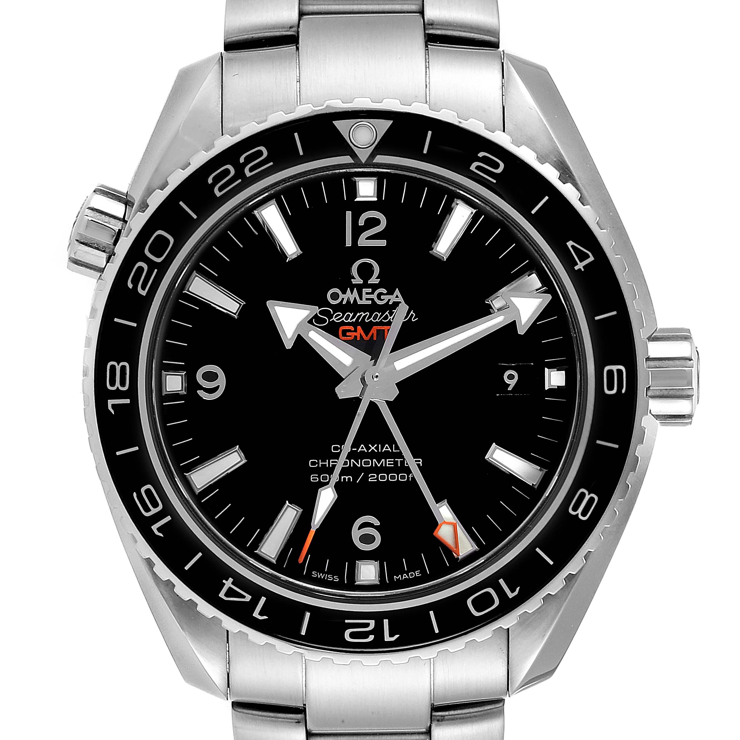 This image shows the front view of an Omega Planet Ocean 232.30.44.22.01.001 Men
s Stainless Steel Black Dial 232.30.44.22.01.001 Men
s Stainless Steel Black Dial Seamaster GMT watch, displaying its dial, hands, and bezel.