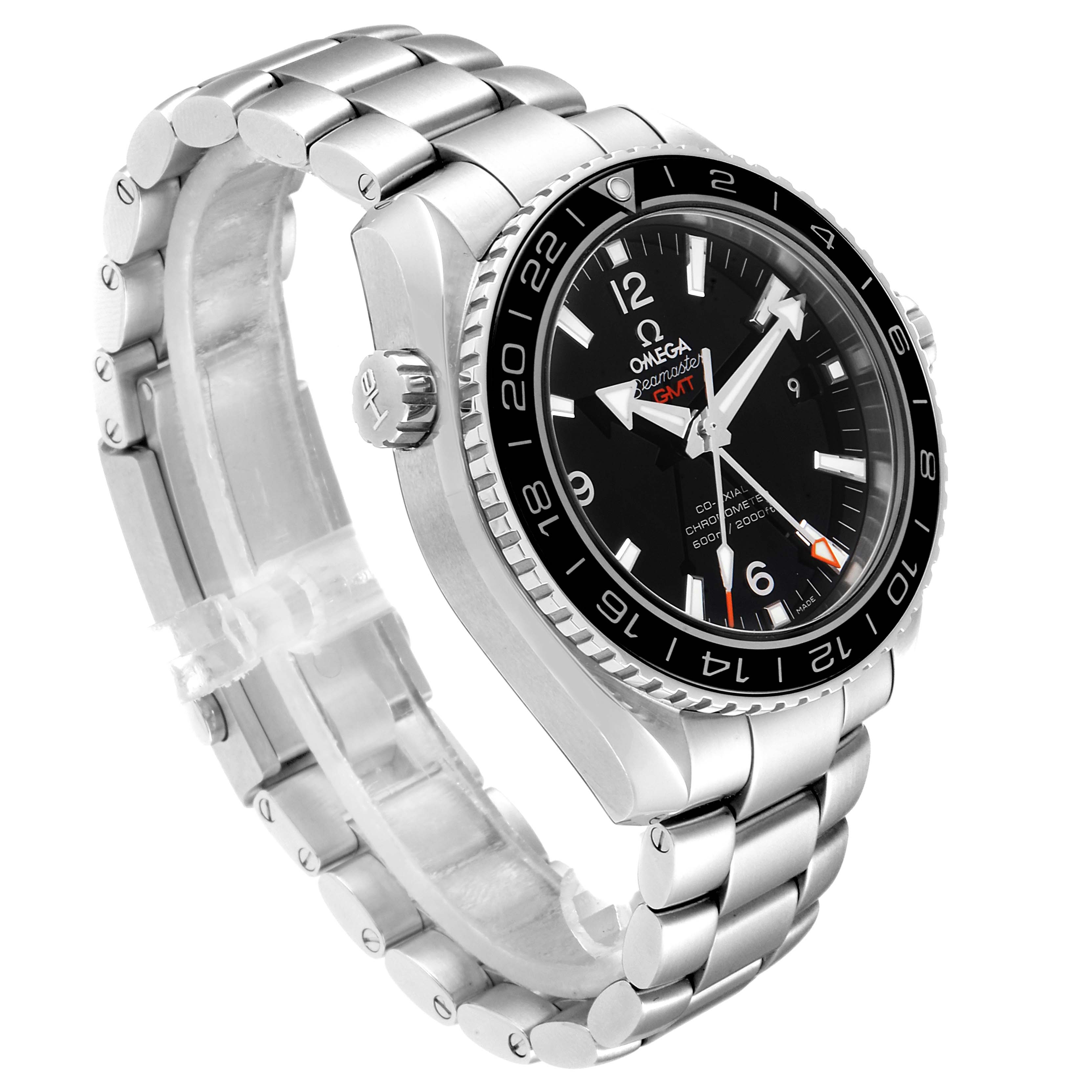 The image shows a side angle view of the Omega Planet Ocean 232.30.44.22.01.001 Men
s Stainless Steel Black Dial 232.30.44.22.01.001 Men
s Stainless Steel Black Dial watch, highlighting the case, bezel, dial, and stainless steel bracelet.