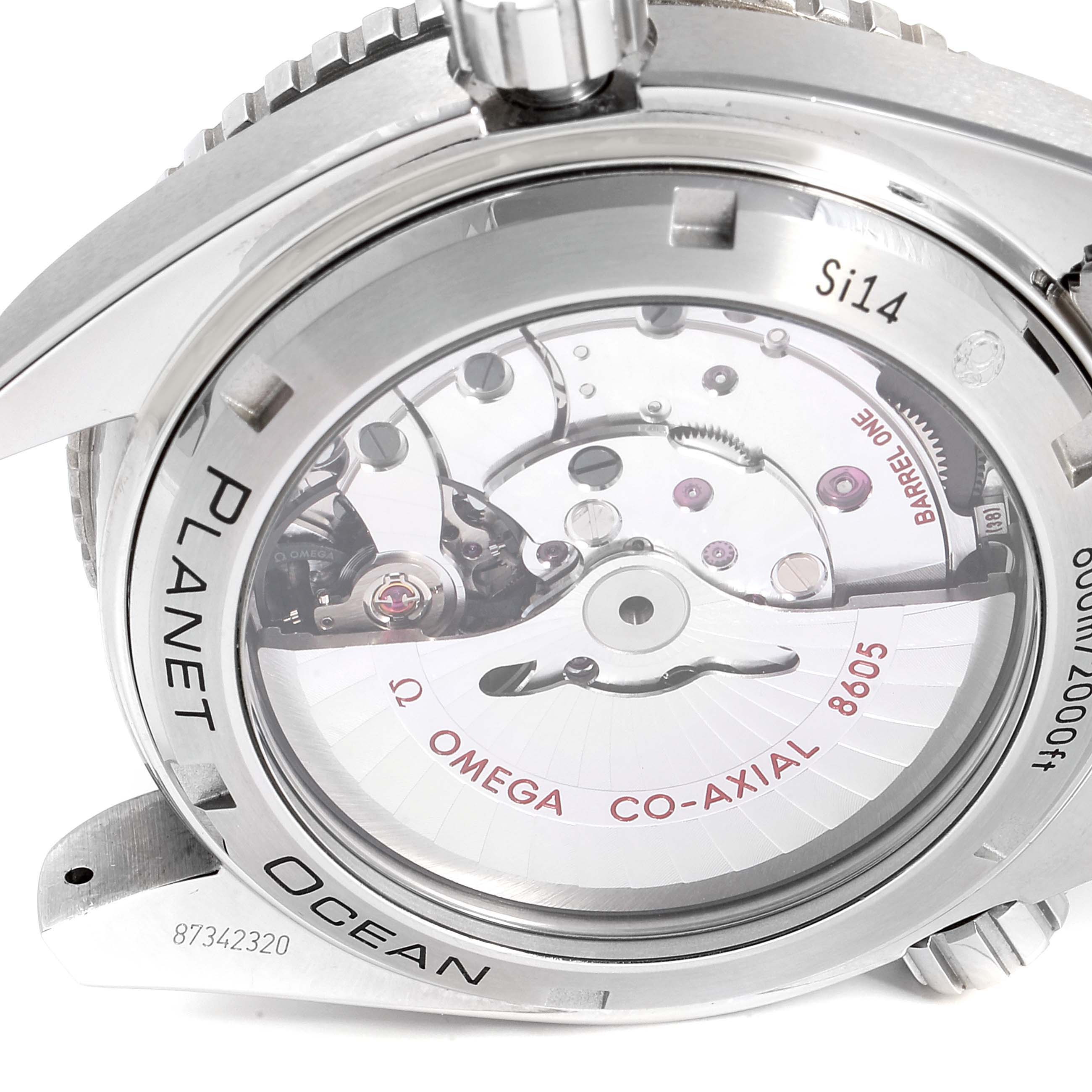 The image shows the back view of an Omega Planet Ocean 232.30.44.22.01.001 Men
s Stainless Steel Black Dial 232.30.44.22.01.001 Men
s Stainless Steel Black Dial watch, displaying the exposed movement and detailing.