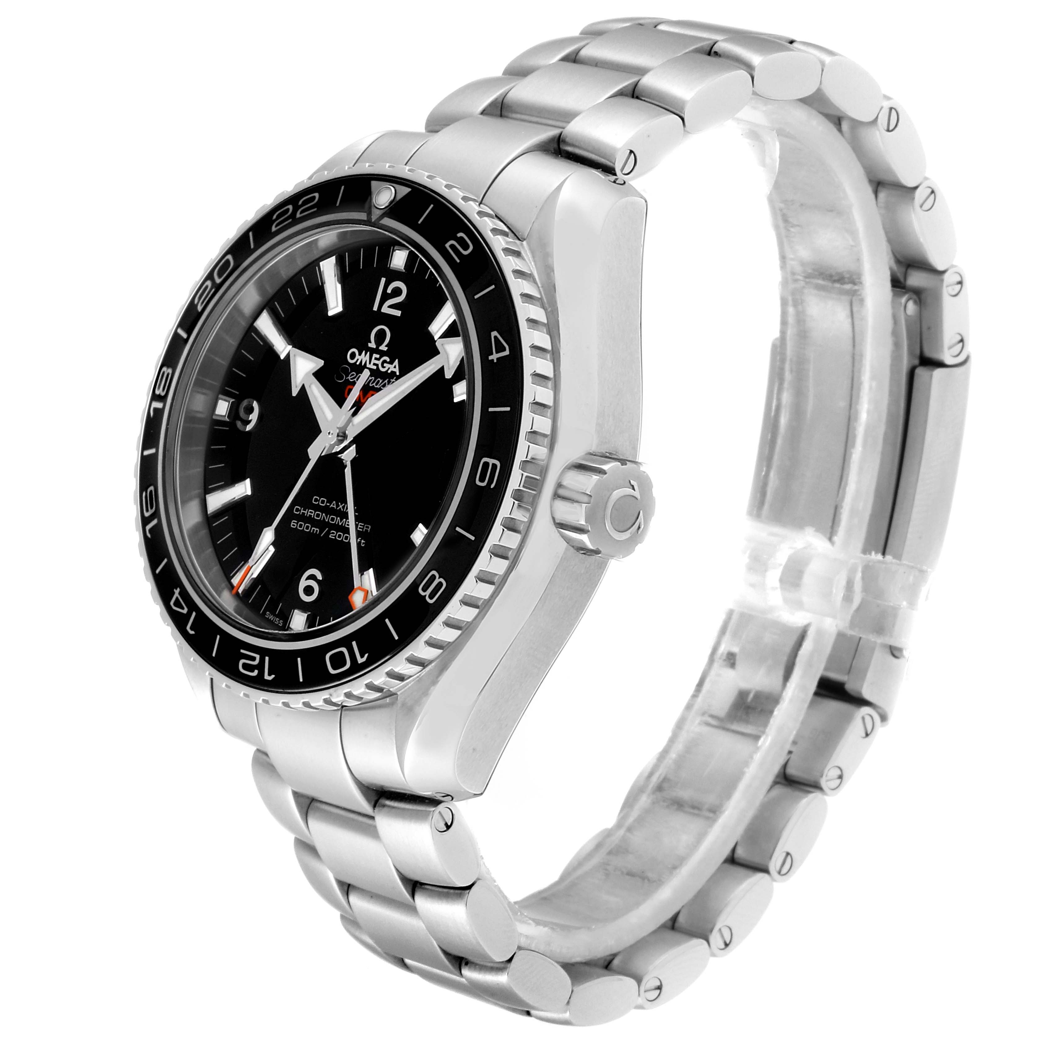 The Omega Planet Ocean 232.30.44.22.01.001 Men
s Stainless Steel Black Dial 232.30.44.22.01.001 Men
s Stainless Steel Black Dial watch is shown at a three-quarter angle, highlighting the face, bezel, crown, and stainless steel bracelet.