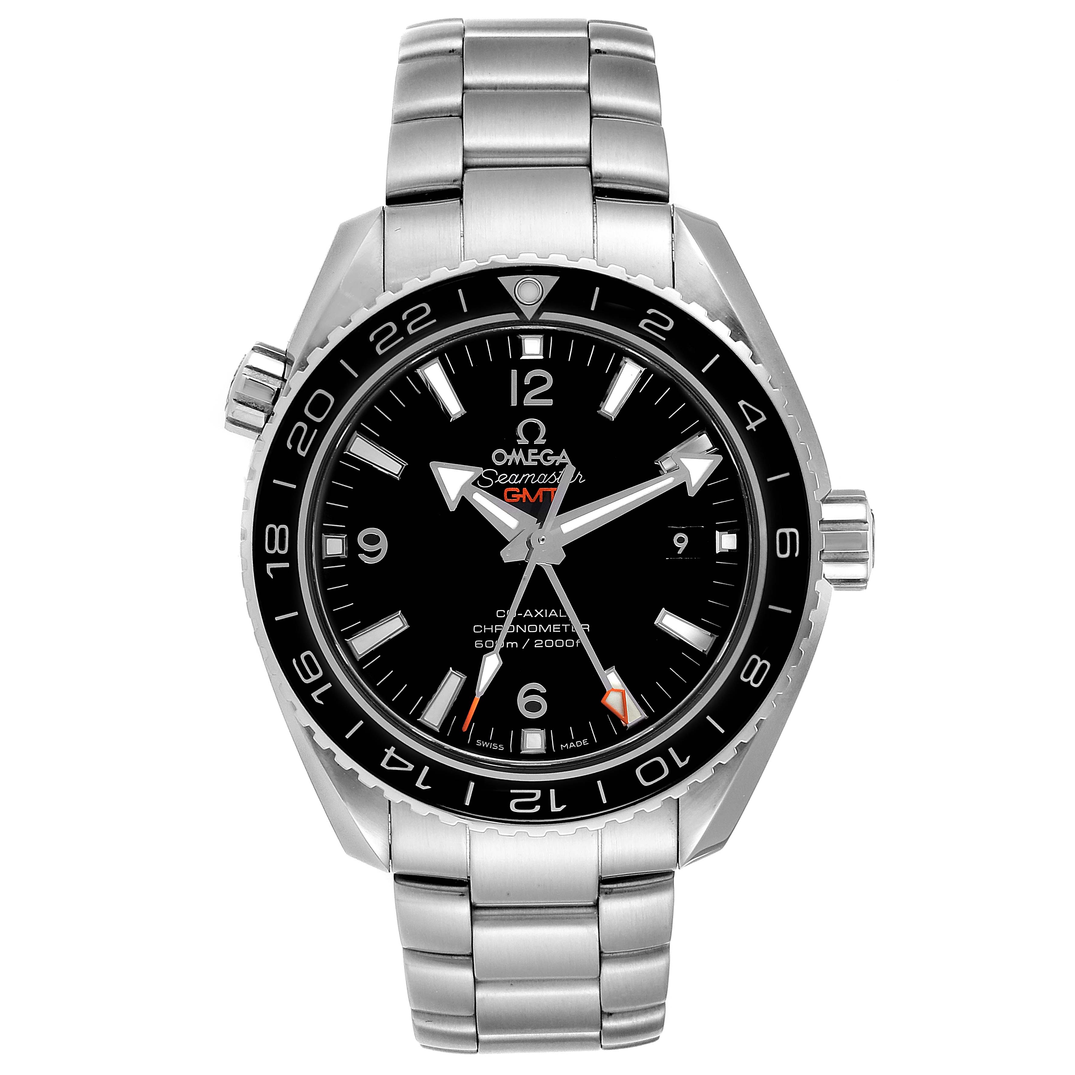 The Omega Planet Ocean 232.30.44.22.01.001 Men
s Stainless Steel Black Dial 232.30.44.22.01.001 Men
s Stainless Steel Black Dial watch is shown from a front angle, displaying its face, bezel, and metal bracelet.