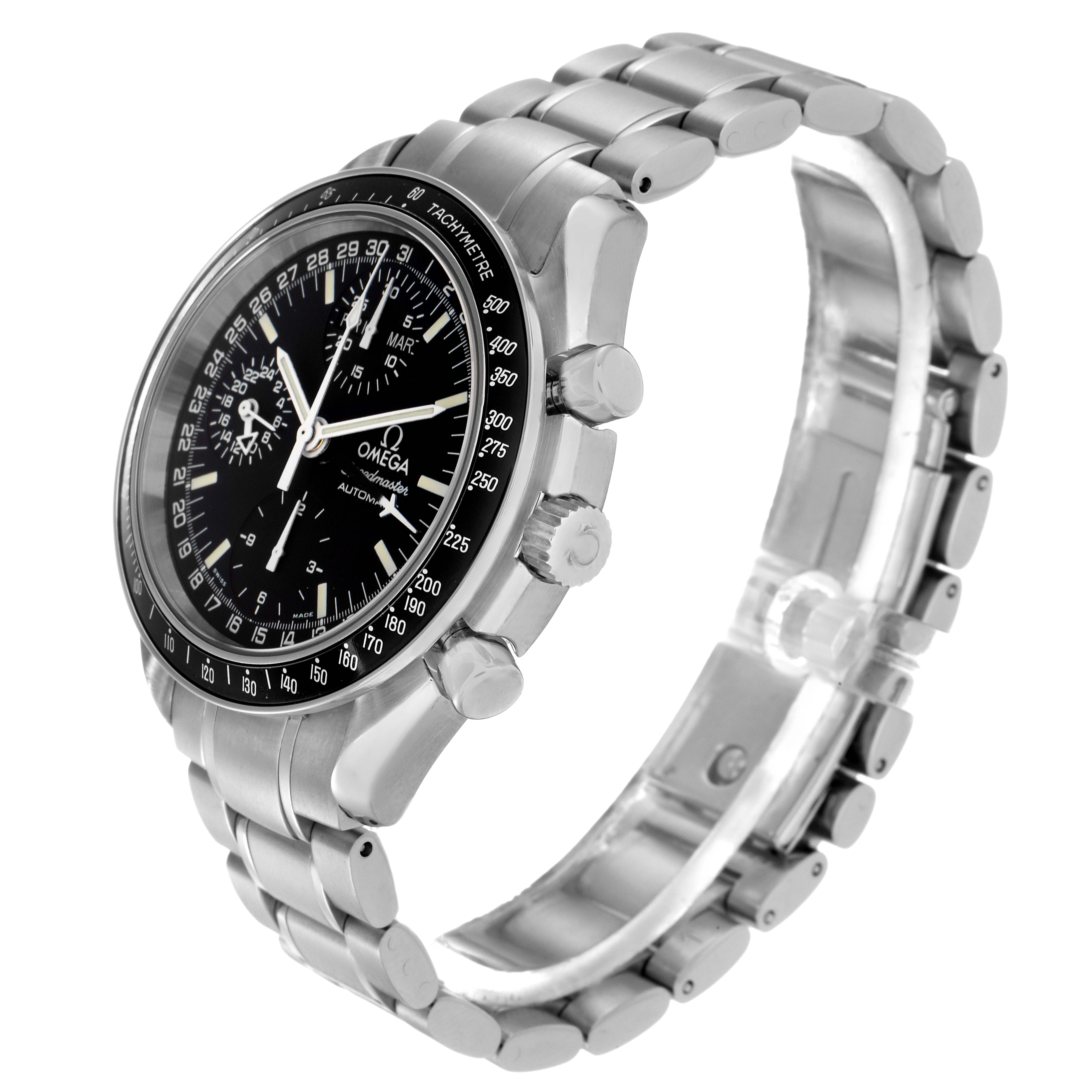 The Omega Speedmaster 3520.50.00 Men's Stainless Steel Black Dial 3520.50.00 Men's Stainless Steel Black Dial watch is shown at an angle highlighting the face, bezel, pushers, crown, and metal bracelet.