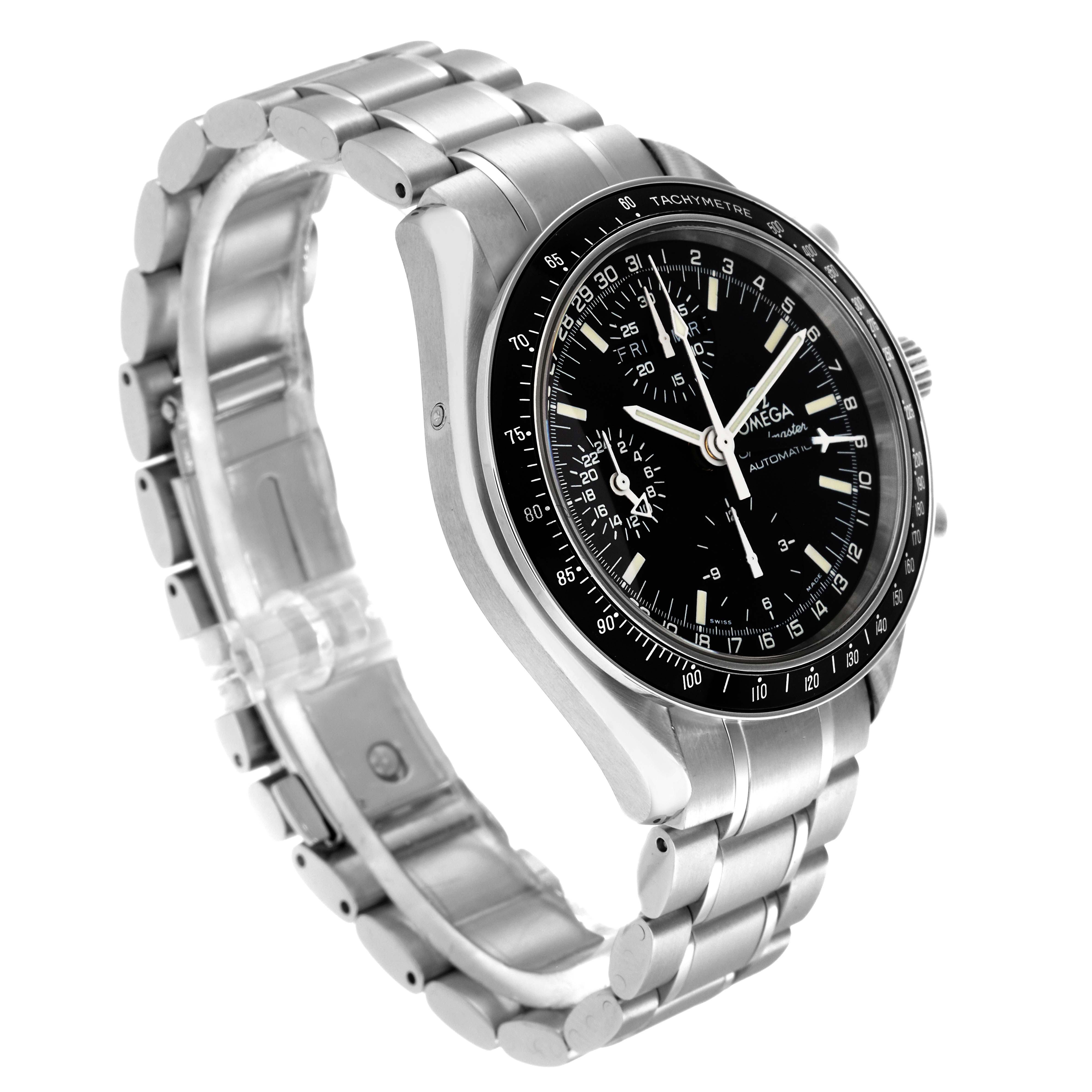 The Omega Speedmaster 3520.50.00 Men's Stainless Steel Black Dial 3520.50.00 Men's Stainless Steel Black Dial watch is shown from a three-quarter angle, displaying the face, bezel, and bracelet.