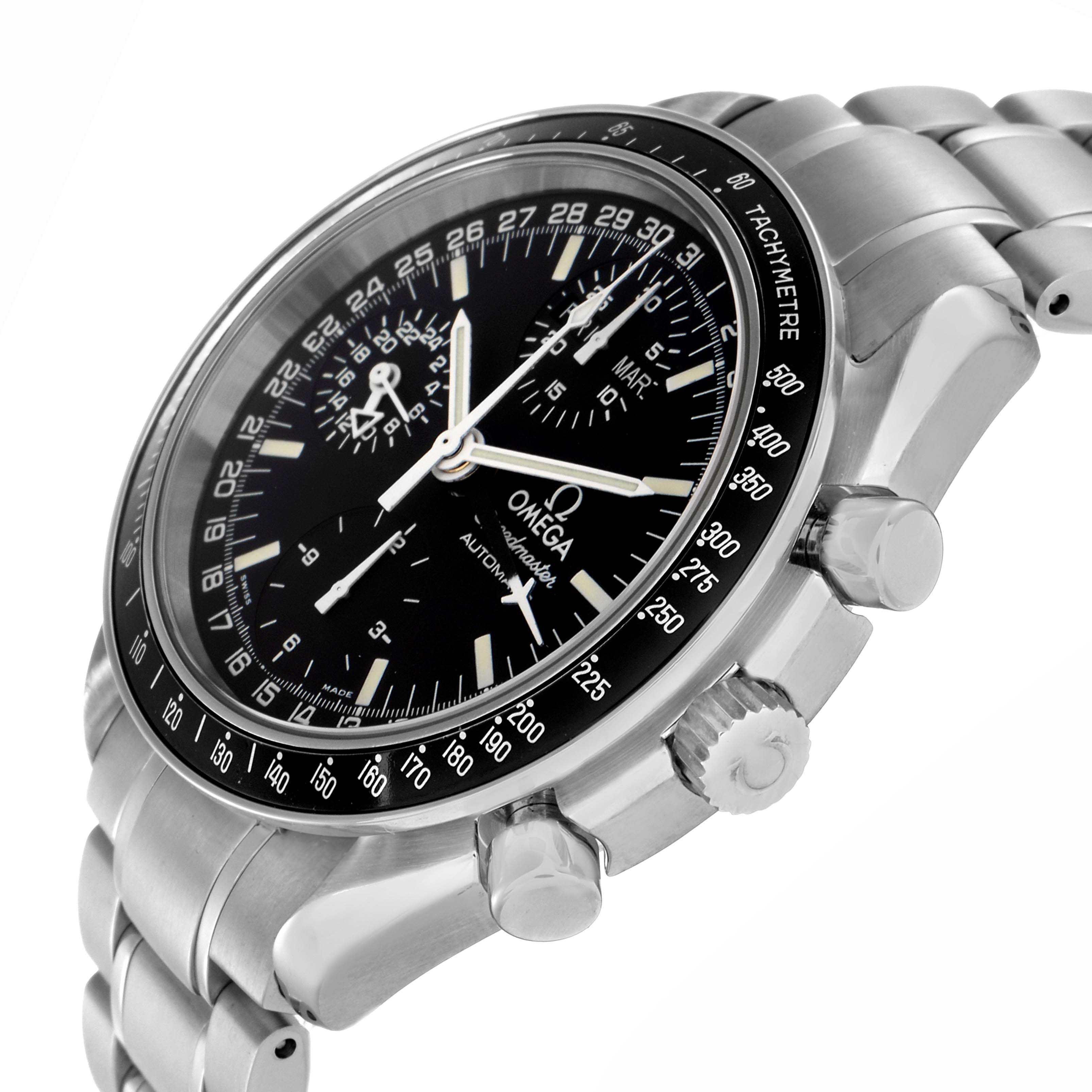 The Omega Speedmaster 3520.50.00 Men's Stainless Steel Black Dial 3520.50.00 Men's Stainless Steel Black Dial watch is shown at a slight angle highlighting the face, bezel, crown, pushers, and part of the bracelet.