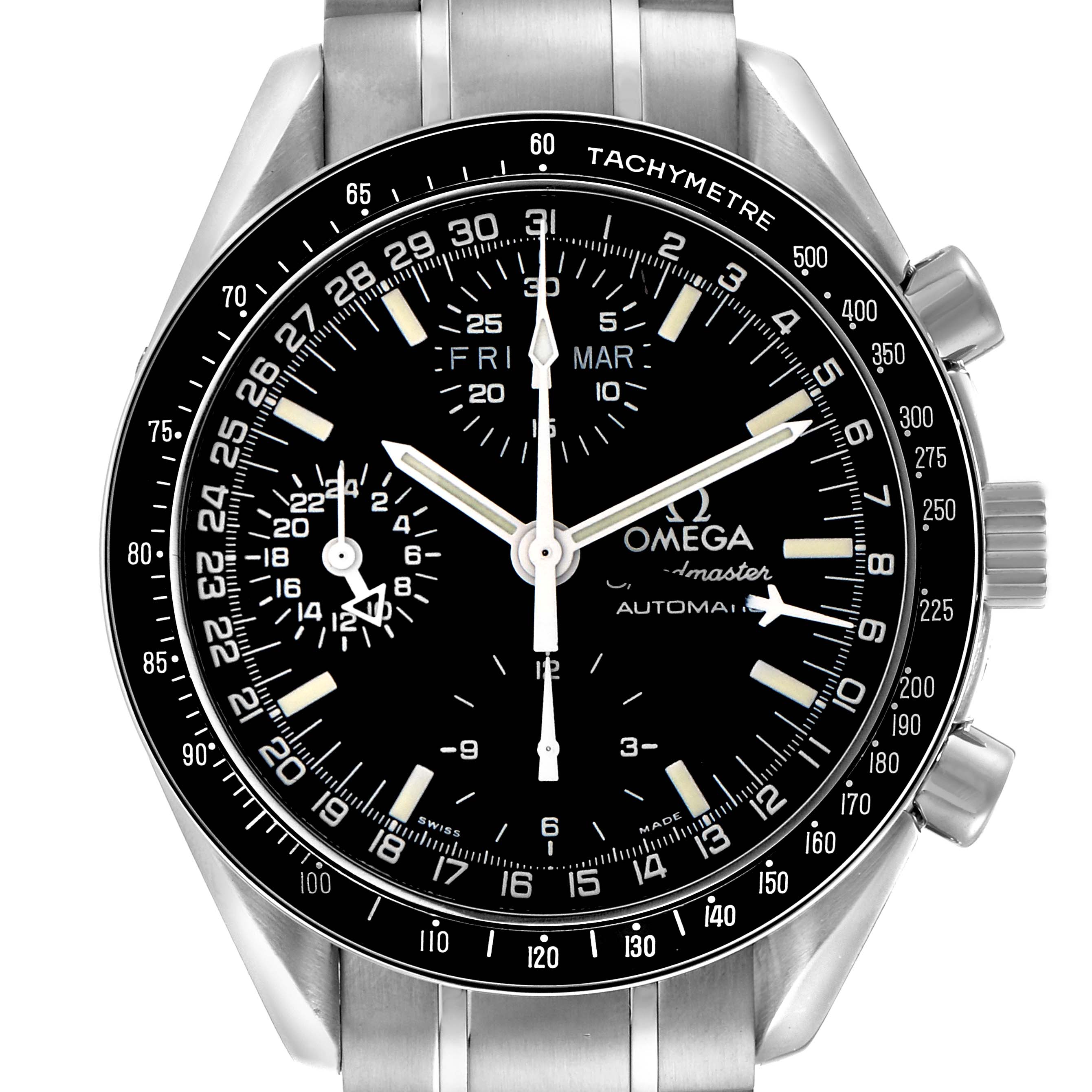 The Omega Speedmaster 3520.50.00 Men's Stainless Steel Black Dial 3520.50.00 Men's Stainless Steel Black Dial is shown from the front, highlighting the dial, tachymeter bezel, subdials, and stainless steel bracelet.