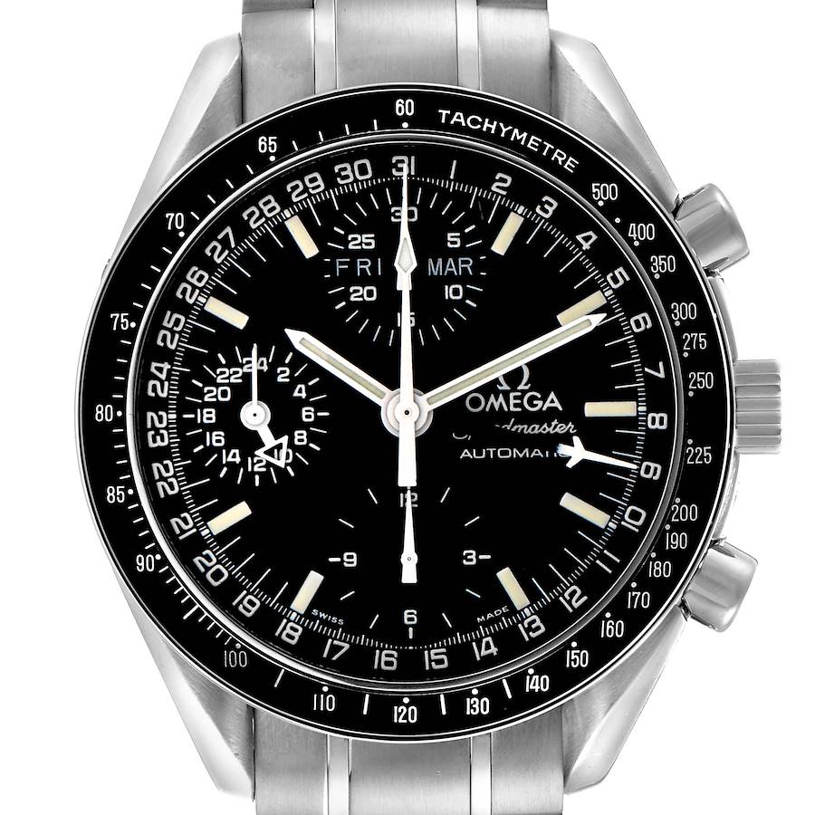 The Omega Speedmaster is shown from the front, highlighting the dial, tachymeter bezel, subdials, and stainless steel bracelet.
