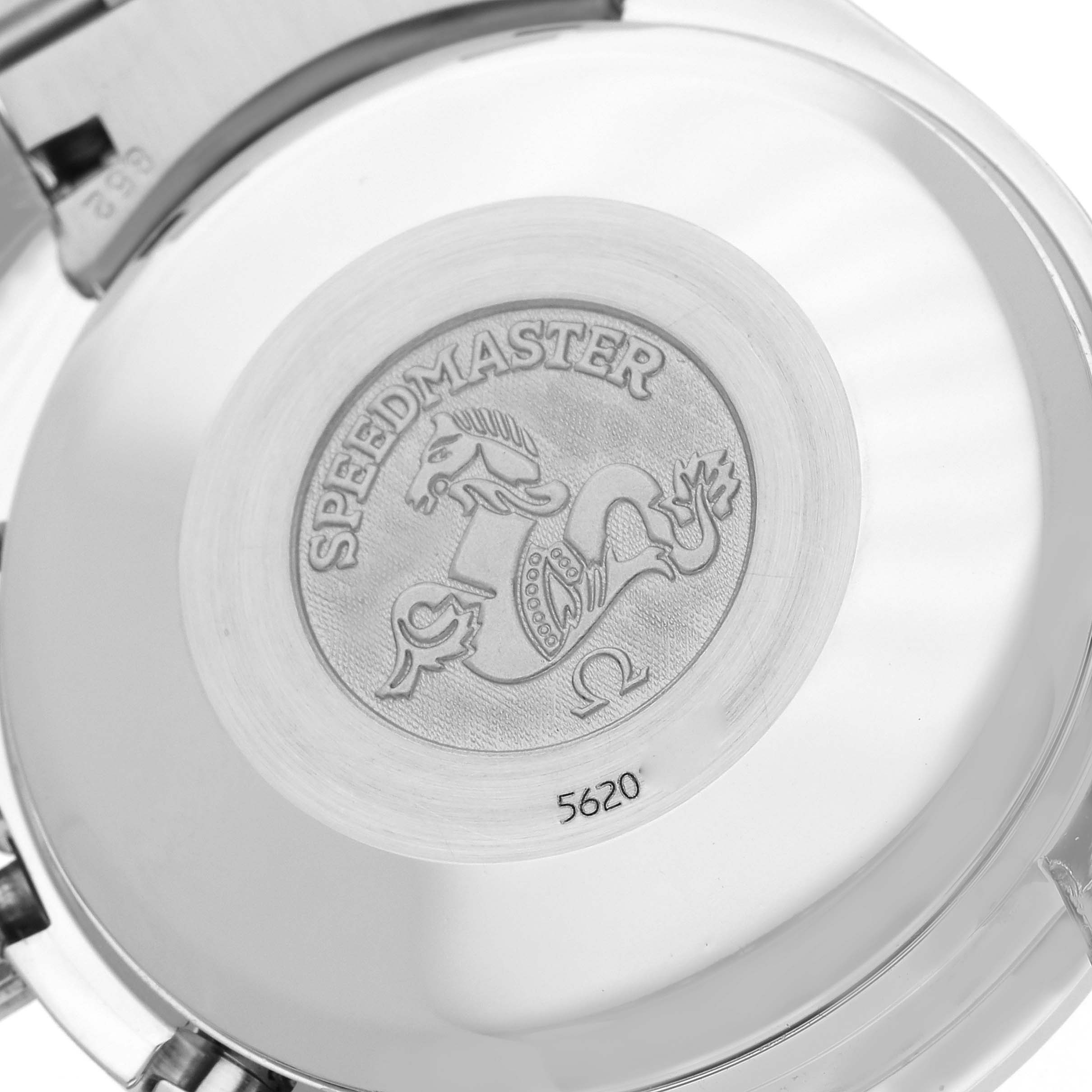 The image shows the case back of an Omega Speedmaster 3520.50.00 Men's Stainless Steel Black Dial 3520.50.00 Men's Stainless Steel Black Dial, featuring the engraved logo and model name.