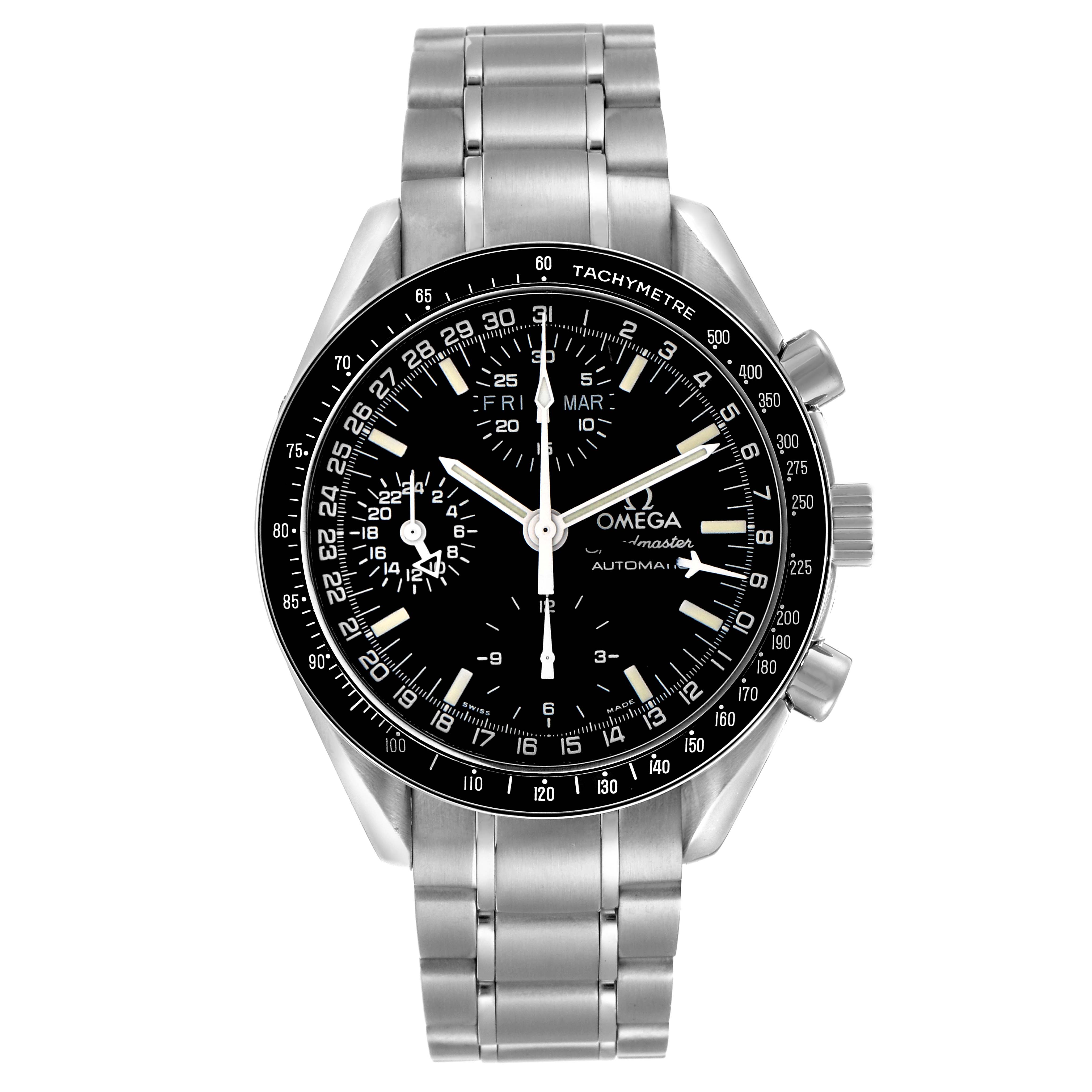 The Omega Speedmaster 3520.50.00 Men's Stainless Steel Black Dial 3520.50.00 Men's Stainless Steel Black Dial watch is shown from a front angle, displaying its face, bezel, and metal strap.