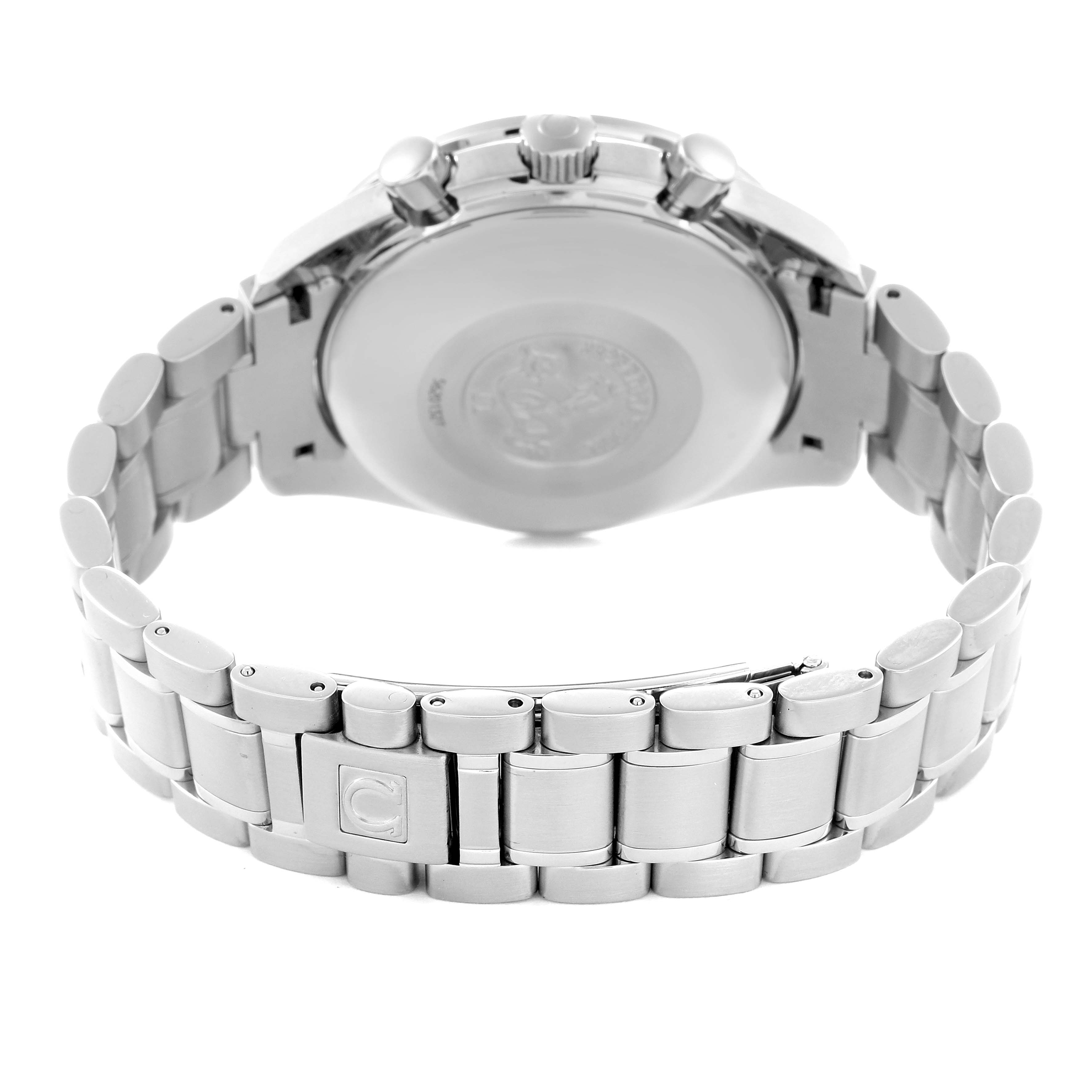 The Omega Speedmaster 3520.50.00 Men's Stainless Steel Black Dial 3520.50.00 Men's Stainless Steel Black Dial watch is shown from the back, displaying the case back, crown, pushers, and bracelet clasp.