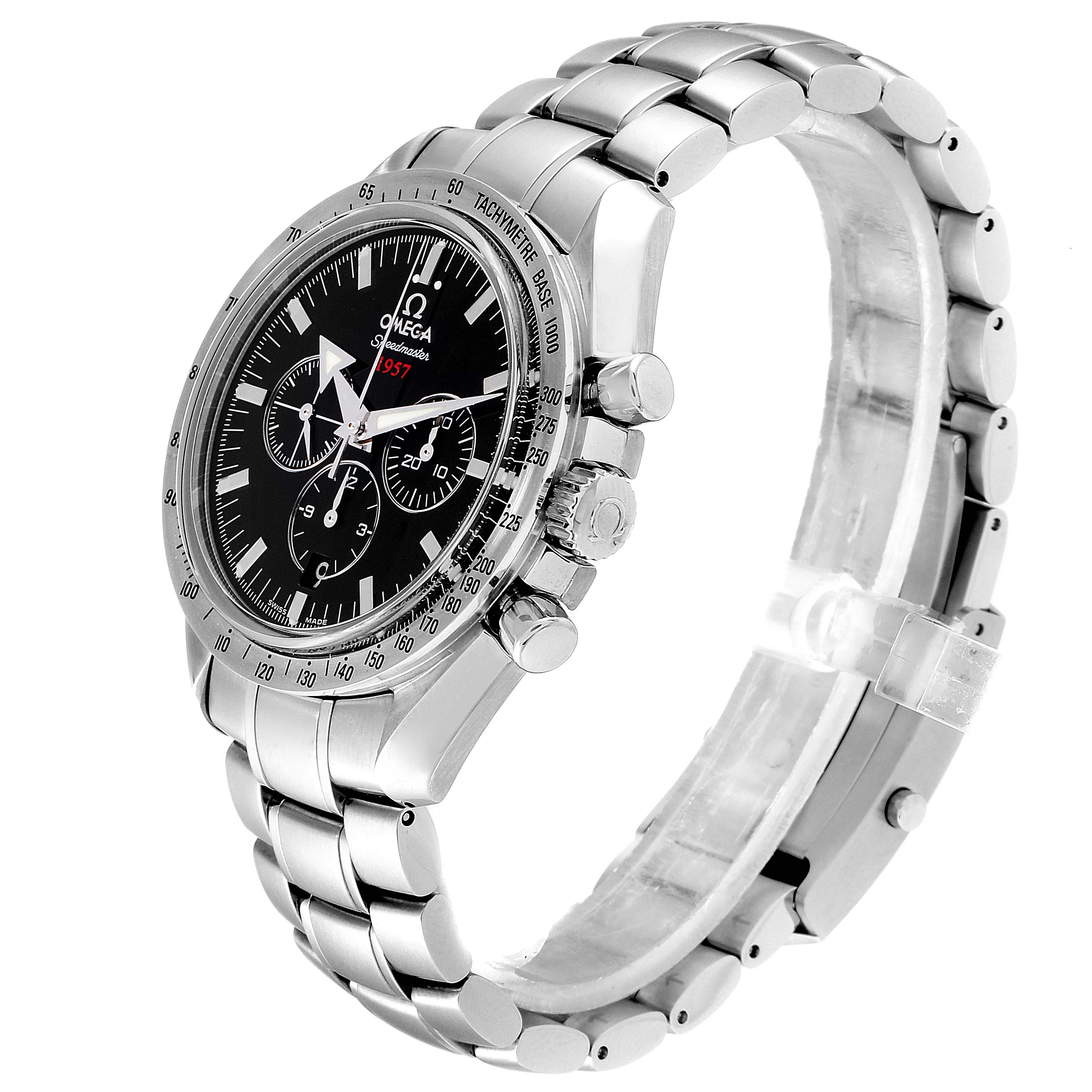 The Omega Speedmaster 321.10.42.50.01.001 Men
s Stainless Steel Black Dial 321.10.42.50.01.001 Men
s Stainless Steel Black Dial watch is shown from the front right angle, displaying the face, bezel, and bracelet.