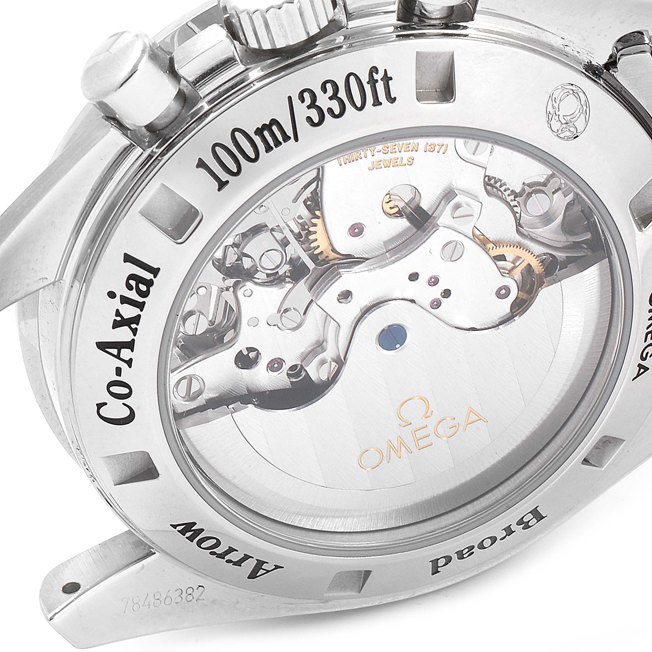 This image shows a close-up of the back case and internal mechanics of an Omega Speedmaster 321.10.42.50.01.001 Men
s Stainless Steel Black Dial 321.10.42.50.01.001 Men
s Stainless Steel Black Dial Co-Axial watch.