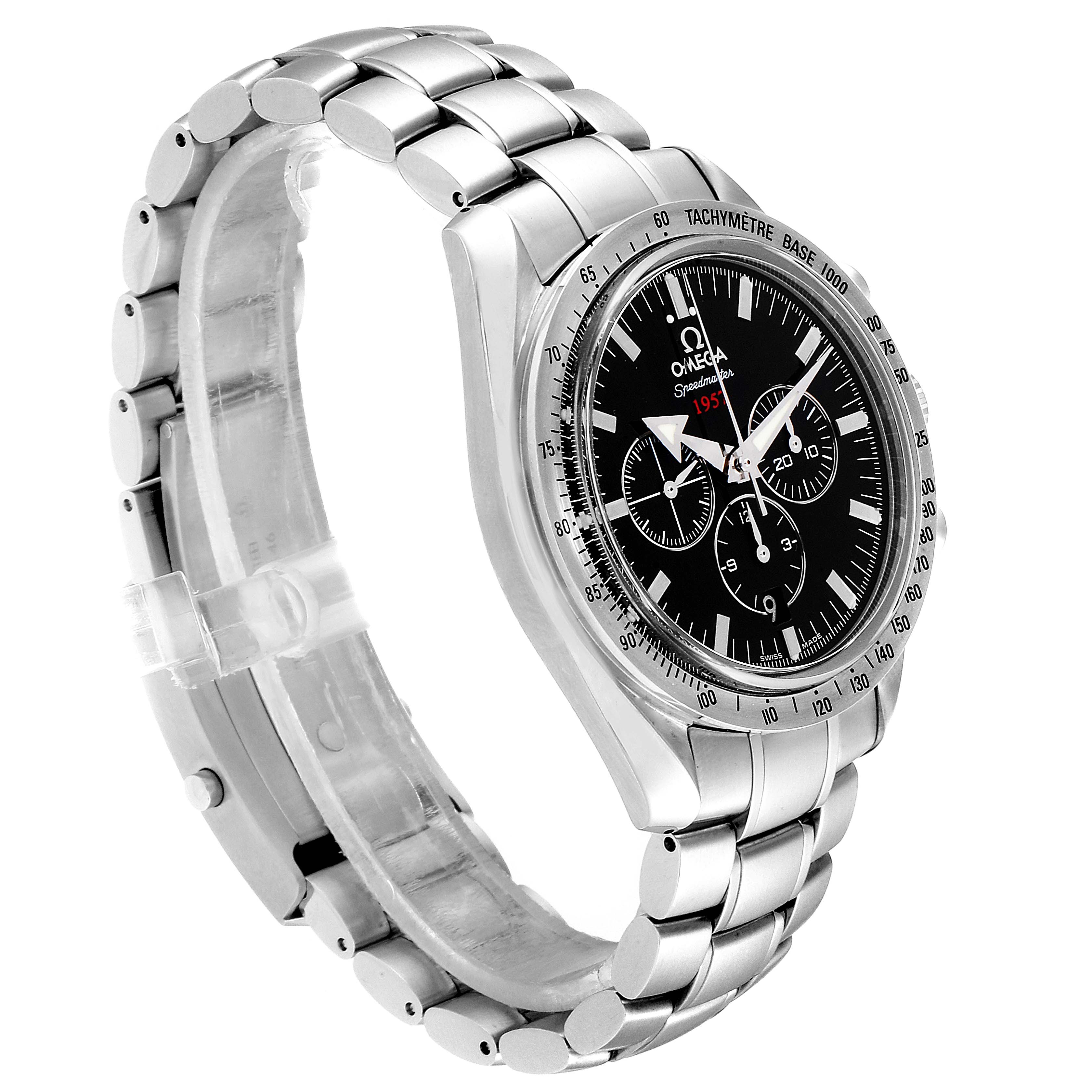 The image shows a side angle of the Omega Speedmaster 321.10.42.50.01.001 Men
s Stainless Steel Black Dial 321.10.42.50.01.001 Men
s Stainless Steel Black Dial watch, highlighting its bracelet and tachymeter bezel.