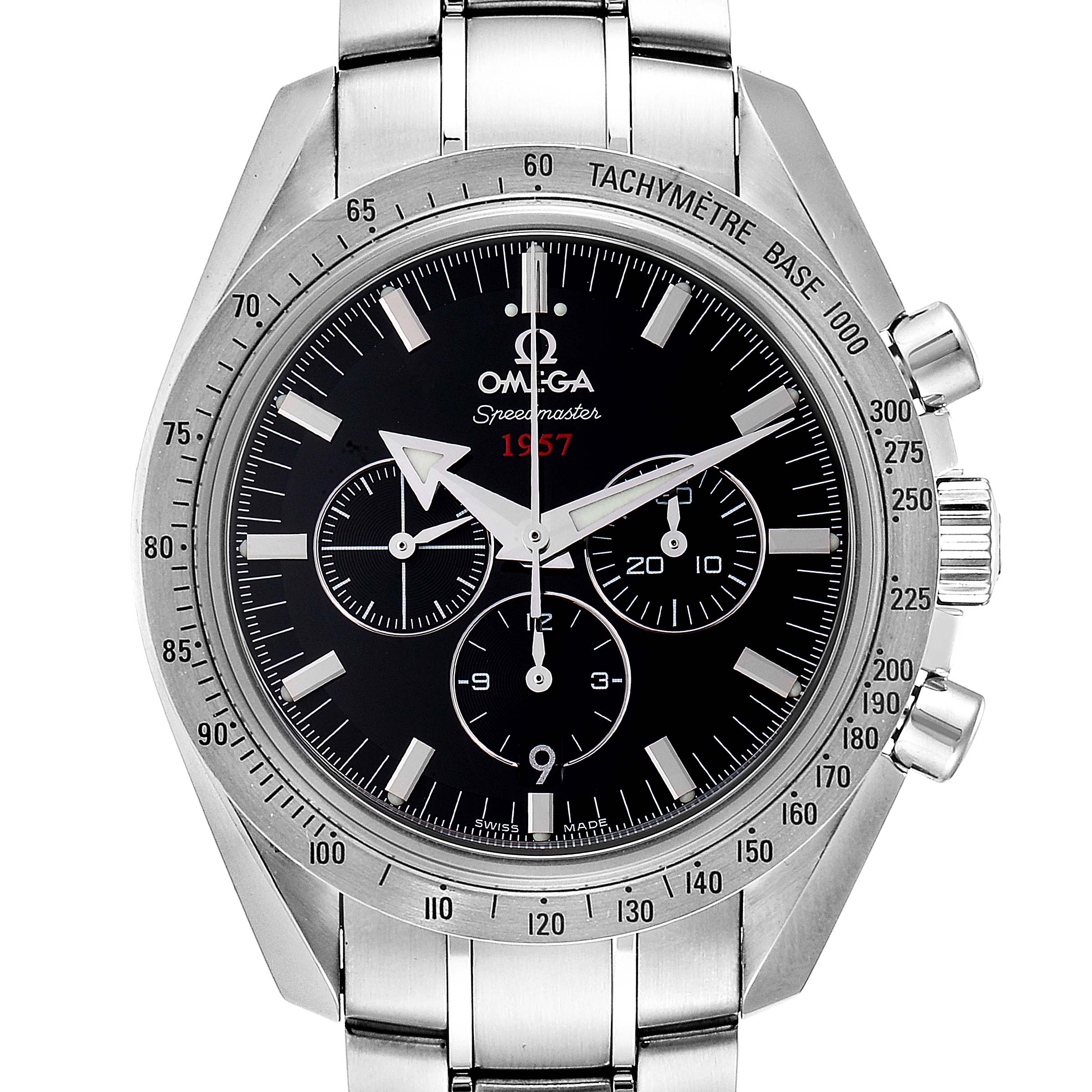 This is a front view of an Omega Speedmaster 321.10.42.50.01.001 Men
s Stainless Steel Black Dial 321.10.42.50.01.001 Men
s Stainless Steel Black Dial watch featuring its dial, bezel, chronograph sub-dials, and push buttons.