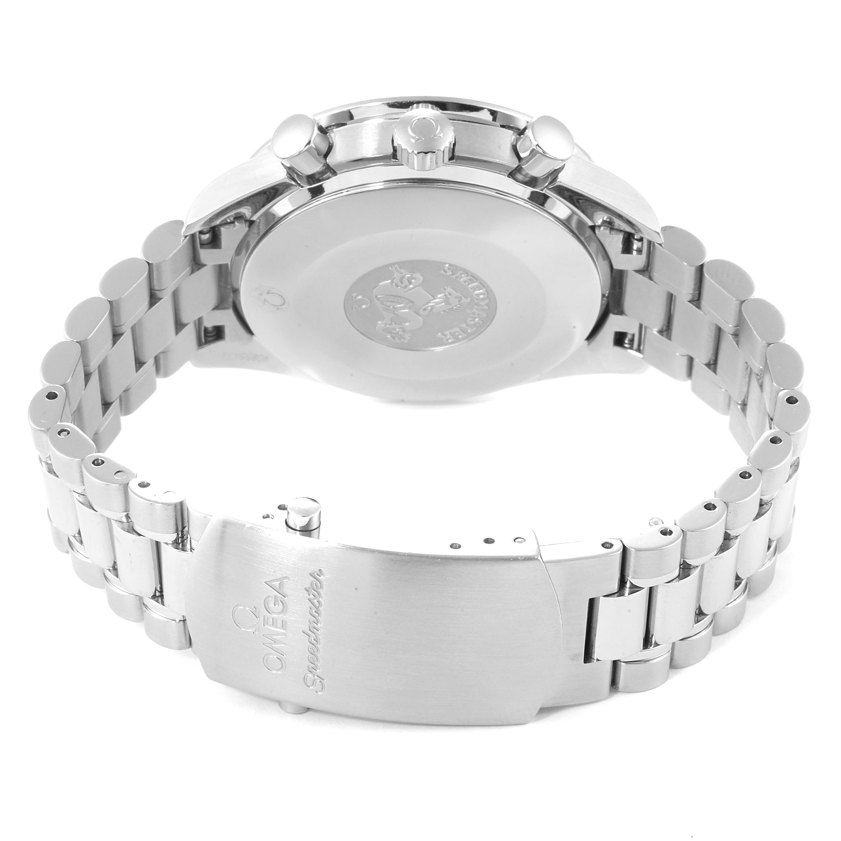 The image shows the back view of the Omega Speedmaster 3539.50.00 Men
s Stainless Steel Black Dial 3539.50.00 Men
s Stainless Steel Black Dial watch, highlighting the case back and the stainless steel bracelet with the clasp.